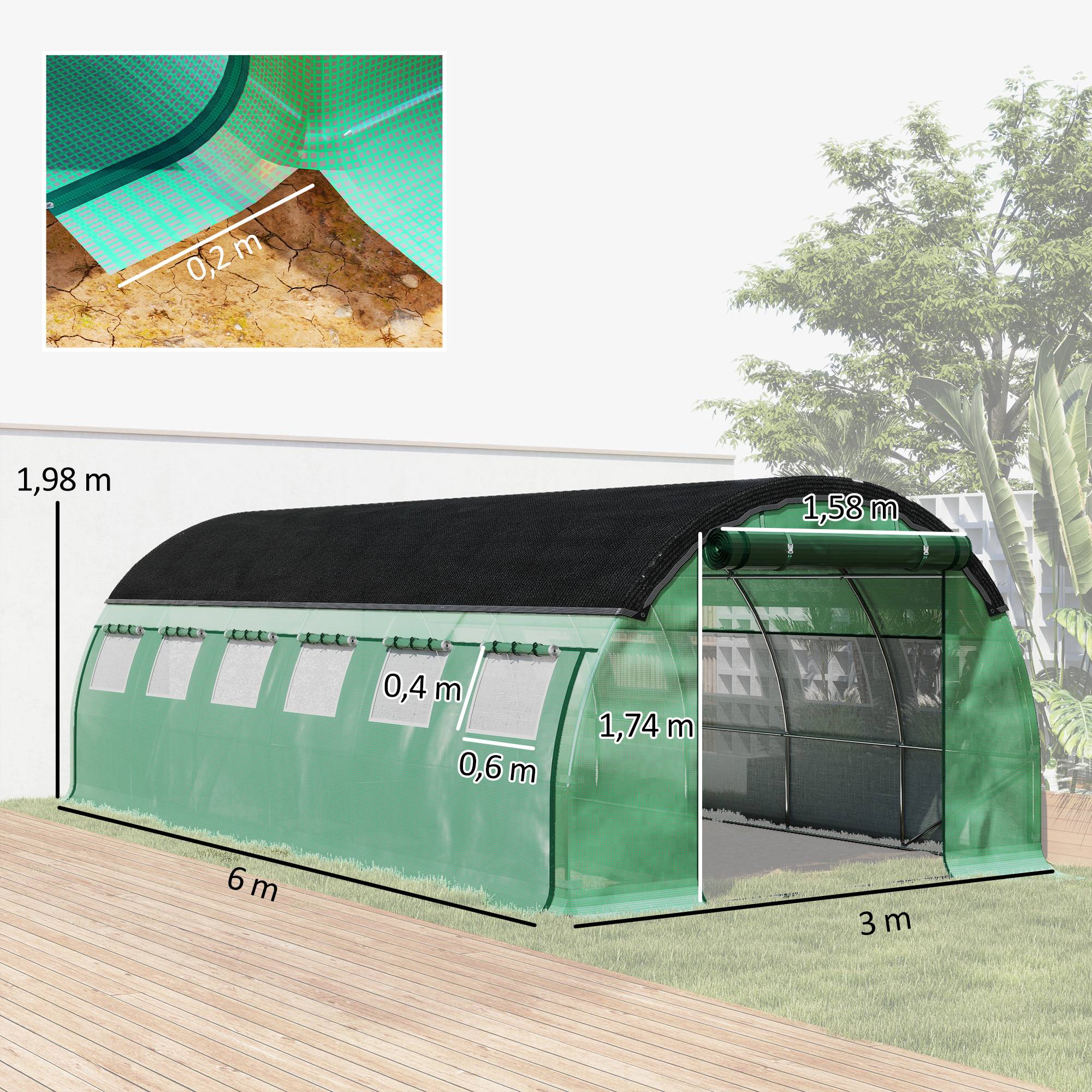 Serre tunnel verte 6x3x2m, structure acier, filet anti-soleil et parois latérales enroulables - Image 5