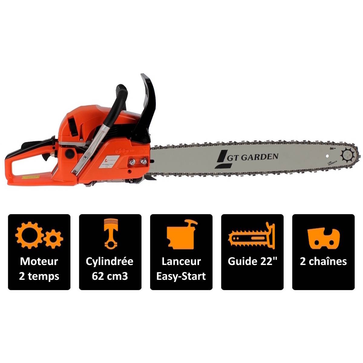 Gt Garden - Tronçonneuse thermique 62 cm3, 3.5 CV, guide 55 cm, 2 chaînes - GT GARDEN - Imagen 2