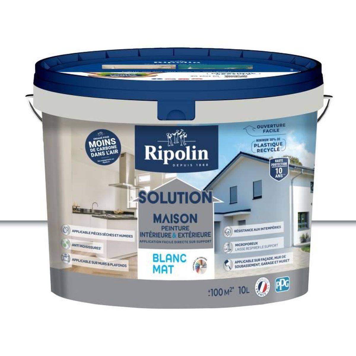 Ripolin - Peinture acrylique mat blanc 2 en 1 sous-couche intégrée, façade et murs 10 L - RIPOLIN