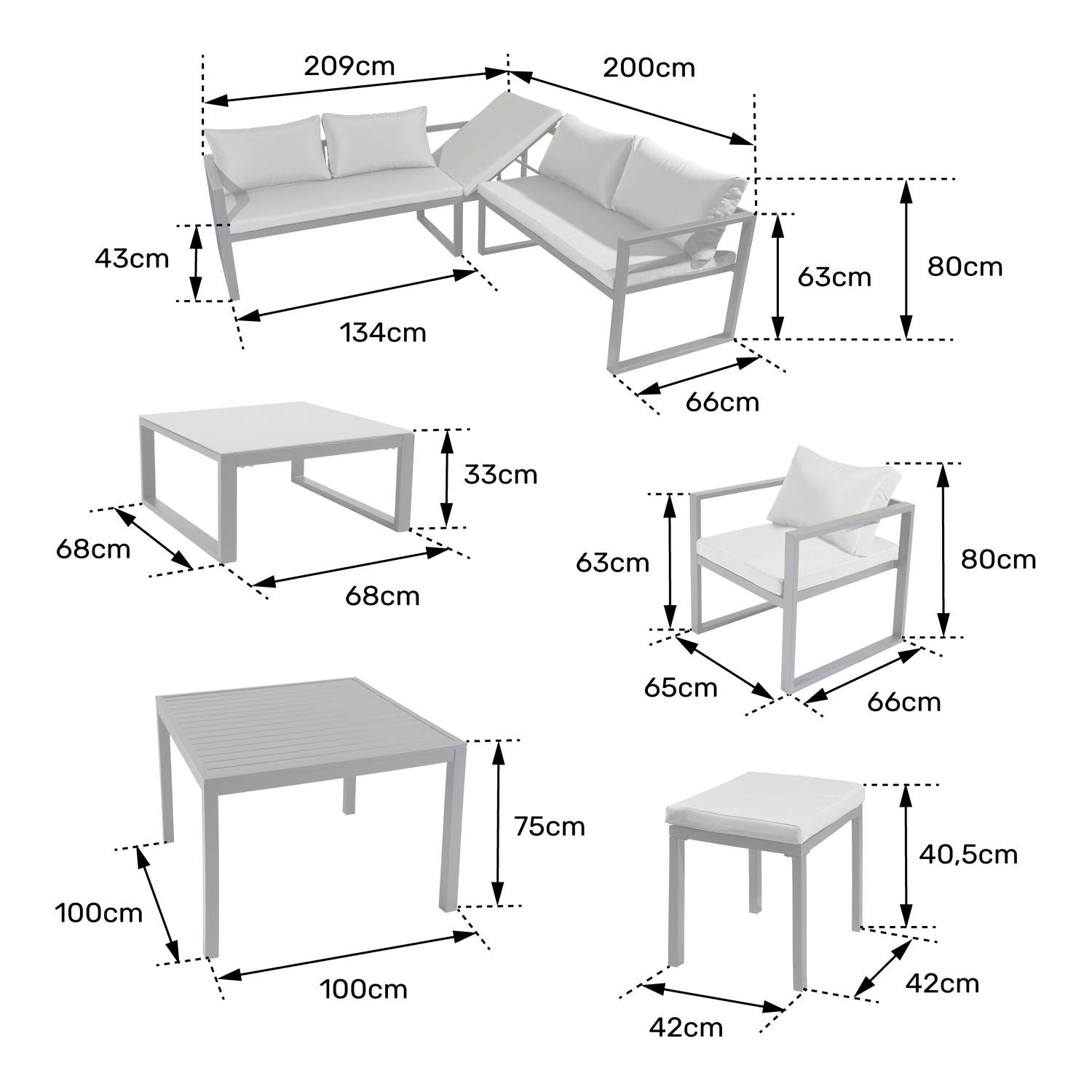 Happy Garden - Salon de jardin modulable IBIZA en tissu gris 7 places - aluminium blanc - HAPPY GARDEN - Imagen 8