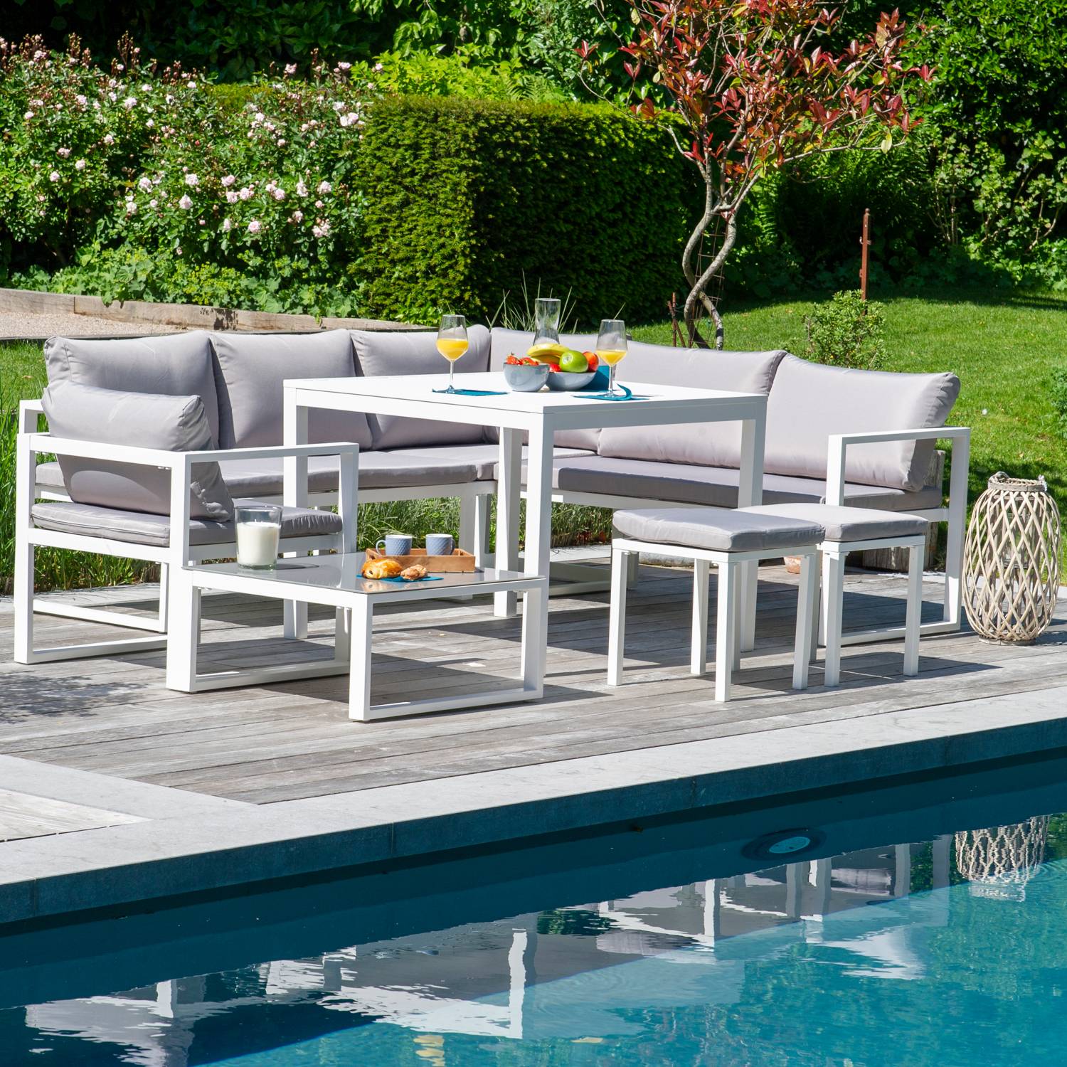 Happy Garden - Salon de jardin modulable IBIZA en tissu gris 7 places - aluminium blanc - HAPPY GARDEN - Imagen 2