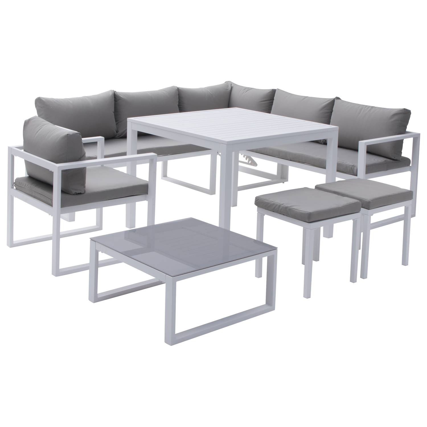 Happy Garden - Salon de jardin modulable IBIZA en tissu gris 7 places - aluminium blanc - HAPPY GARDEN - Imagen 1