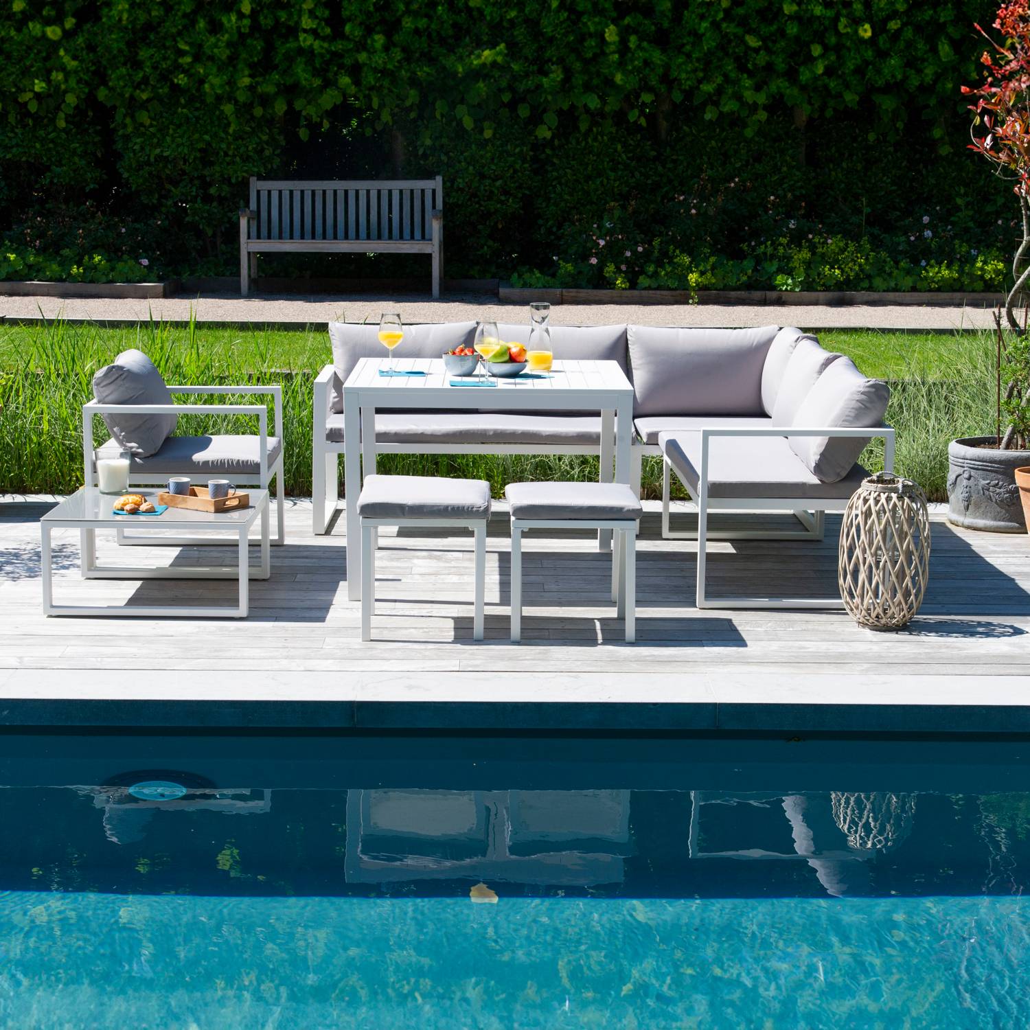 Happy Garden - Salon de jardin modulable IBIZA en tissu gris 7 places - aluminium blanc - HAPPY GARDEN - Imagen 7