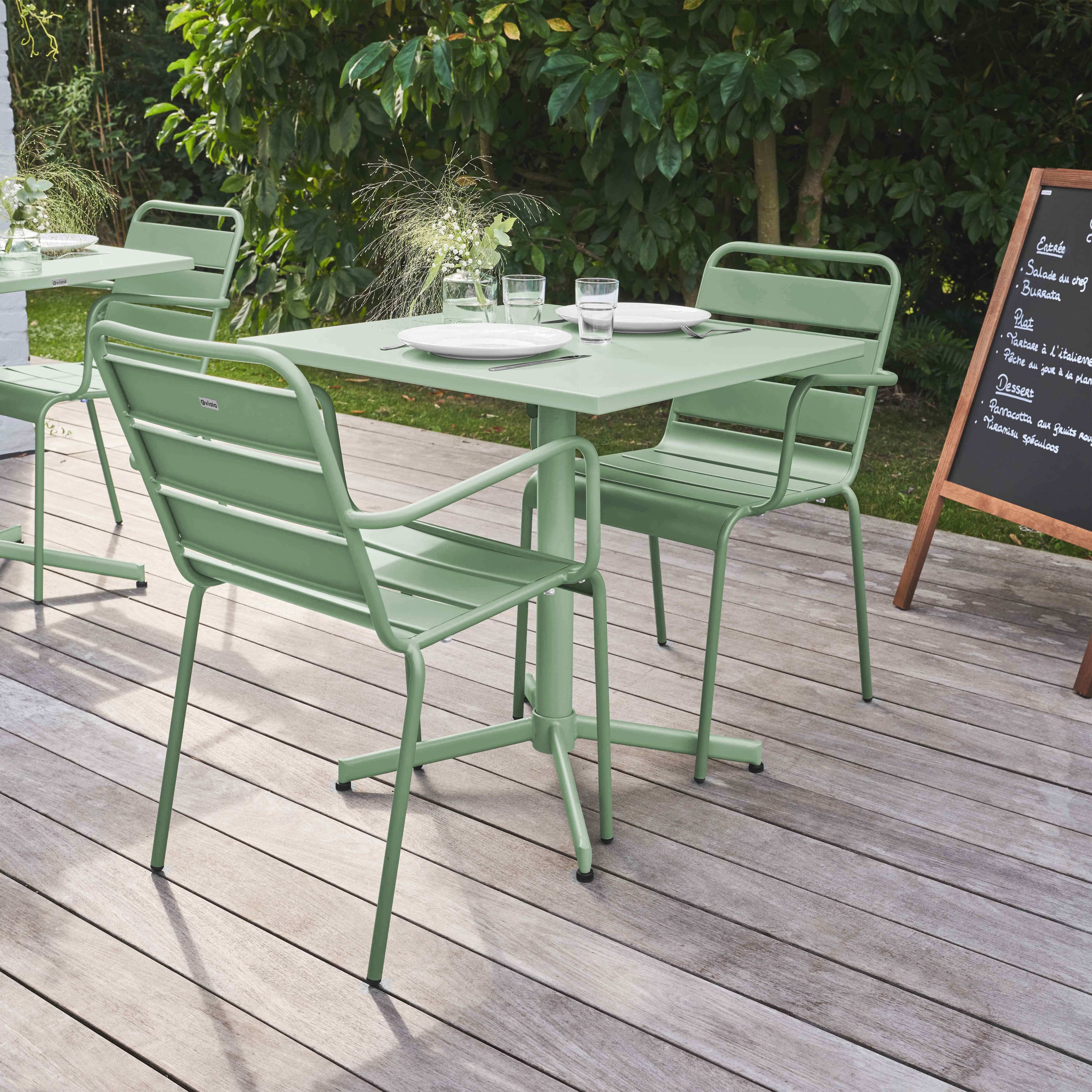 Oviala - Ensemble table de jardin carrée et 2 fauteuils métal vert sauge Palavas - Oviala - Imagen 3