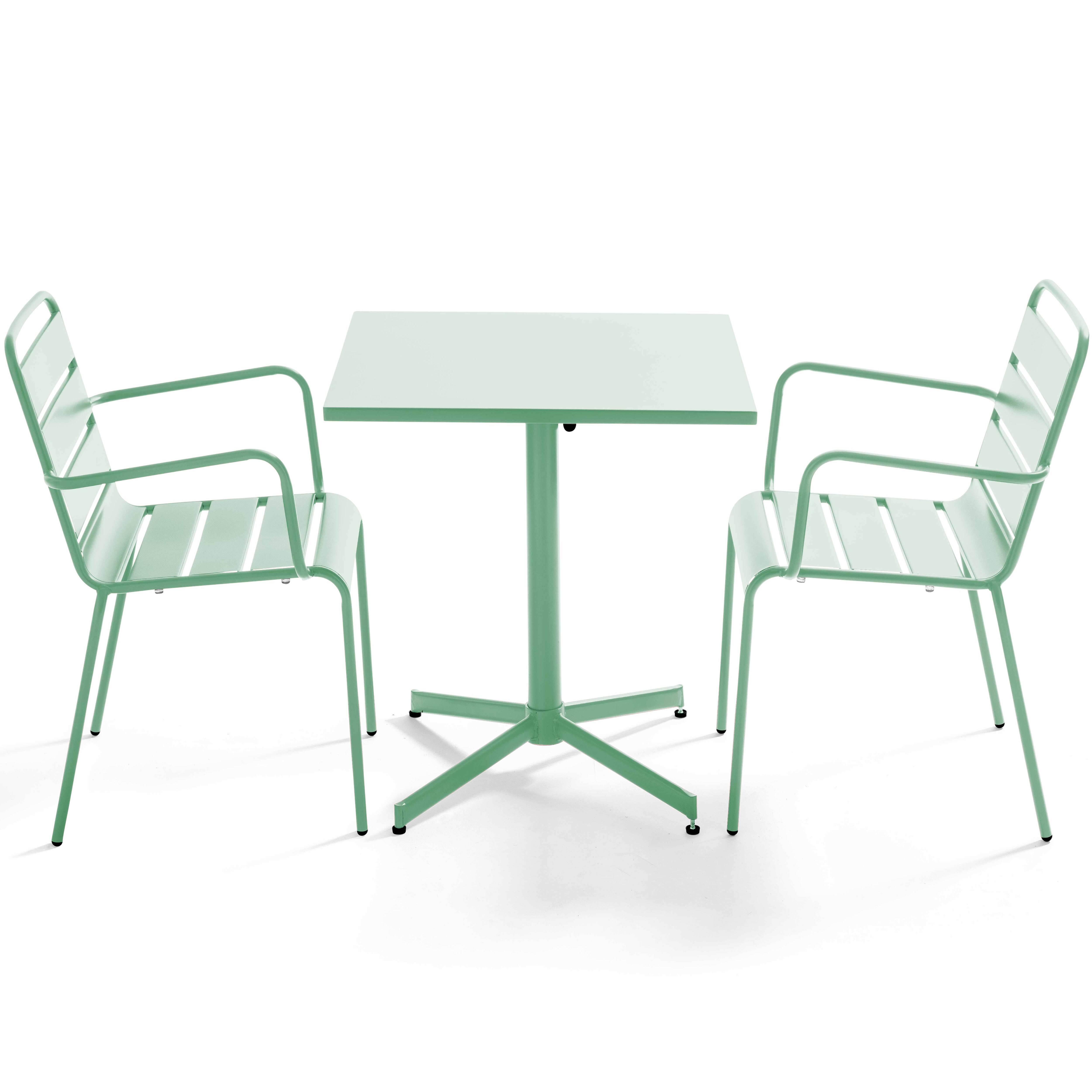 Oviala - Ensemble table de jardin carrée et 2 fauteuils métal vert sauge Palavas - Oviala - Imagen 1