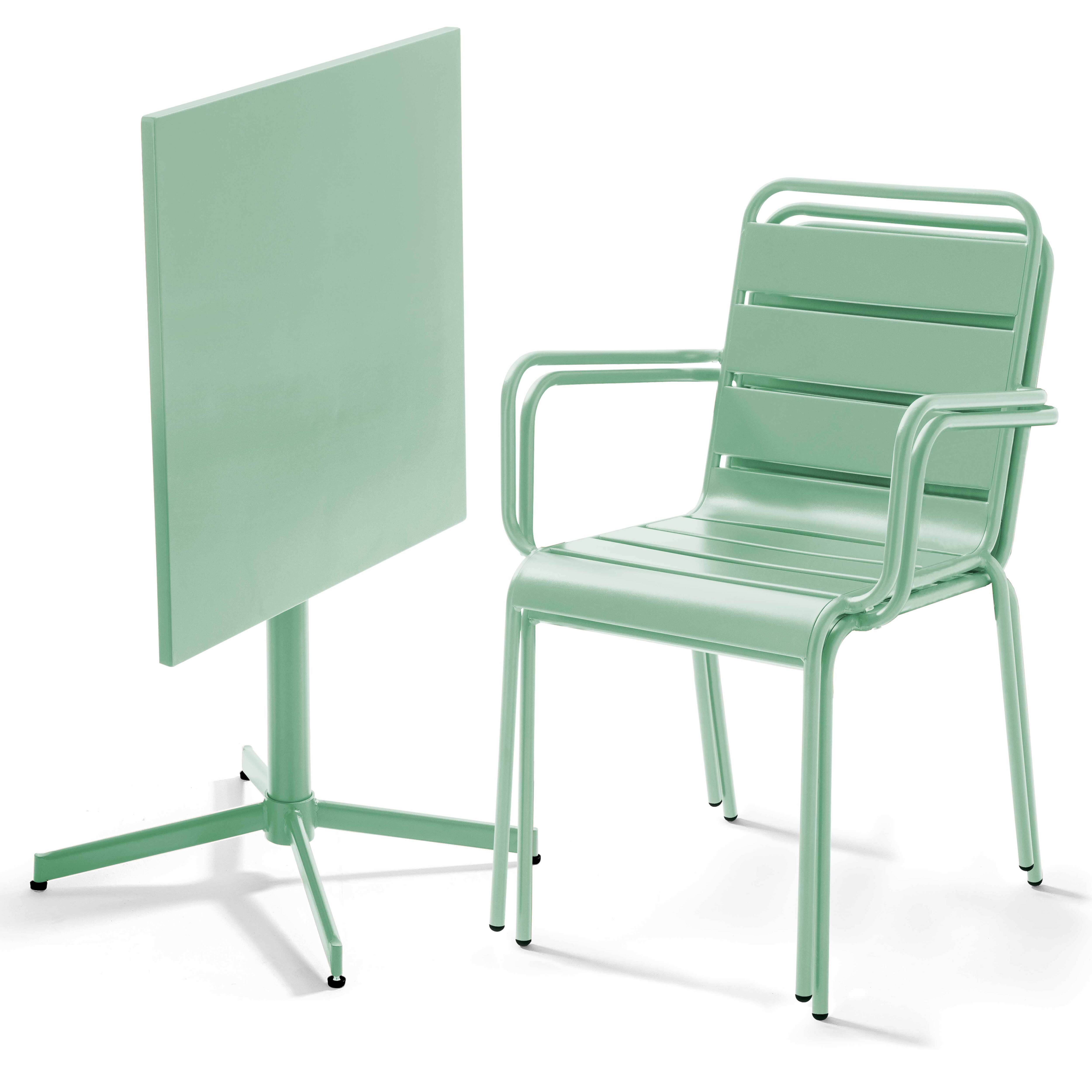 Oviala - Ensemble table de jardin carrée et 2 fauteuils métal vert sauge Palavas - Oviala - Imagen 2