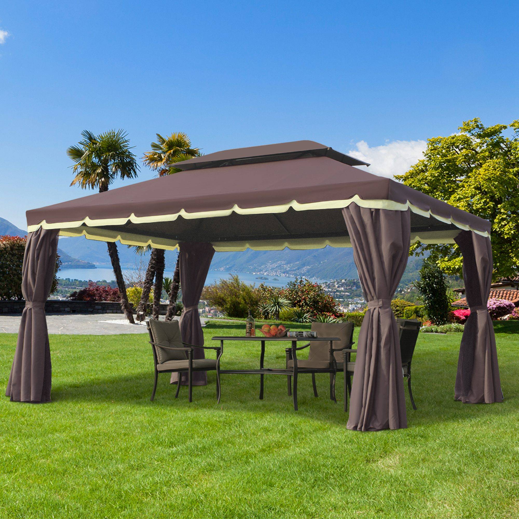 Pavillon jardin pavillon 390x290x280 cm tente jardin tente fête tente fête 4 parois moustiquaire résistant alu polyester café+noir - Image 4