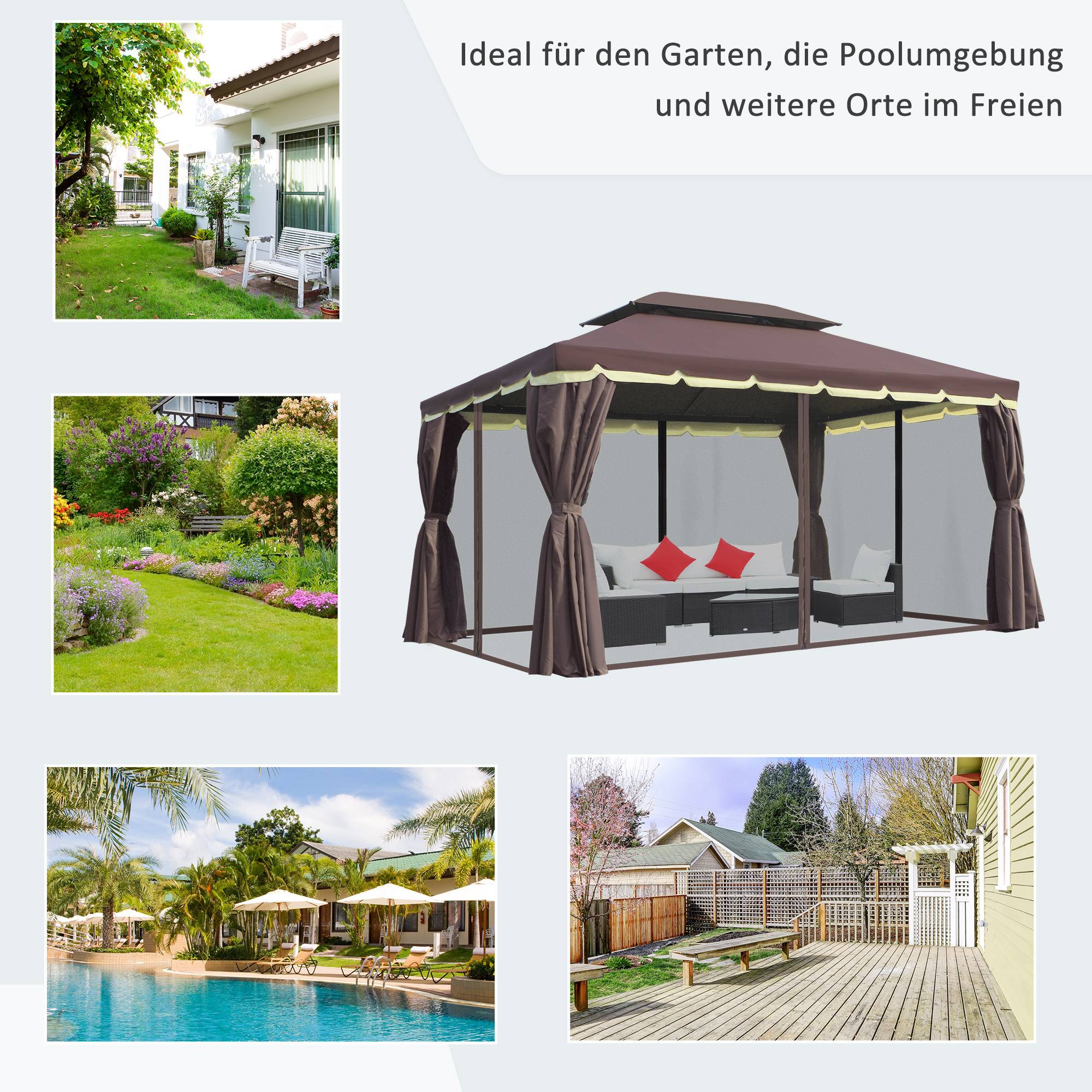 Pavillon jardin pavillon 390x290x280 cm tente jardin tente fête tente fête 4 parois moustiquaire résistant alu polyester café+noir - Image 7