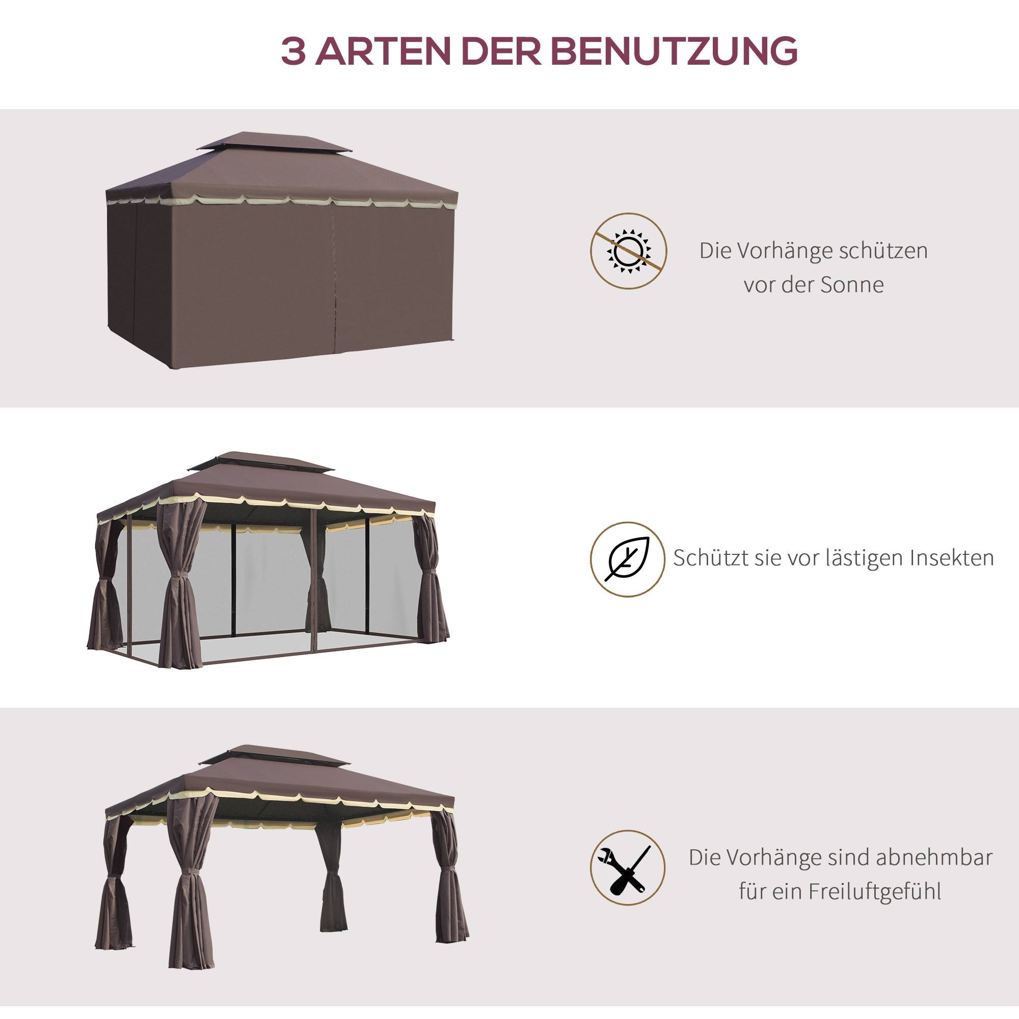 Pavillon jardin pavillon 390x290x280 cm tente jardin tente fête tente fête 4 parois moustiquaire résistant alu polyester café+noir - Image 8