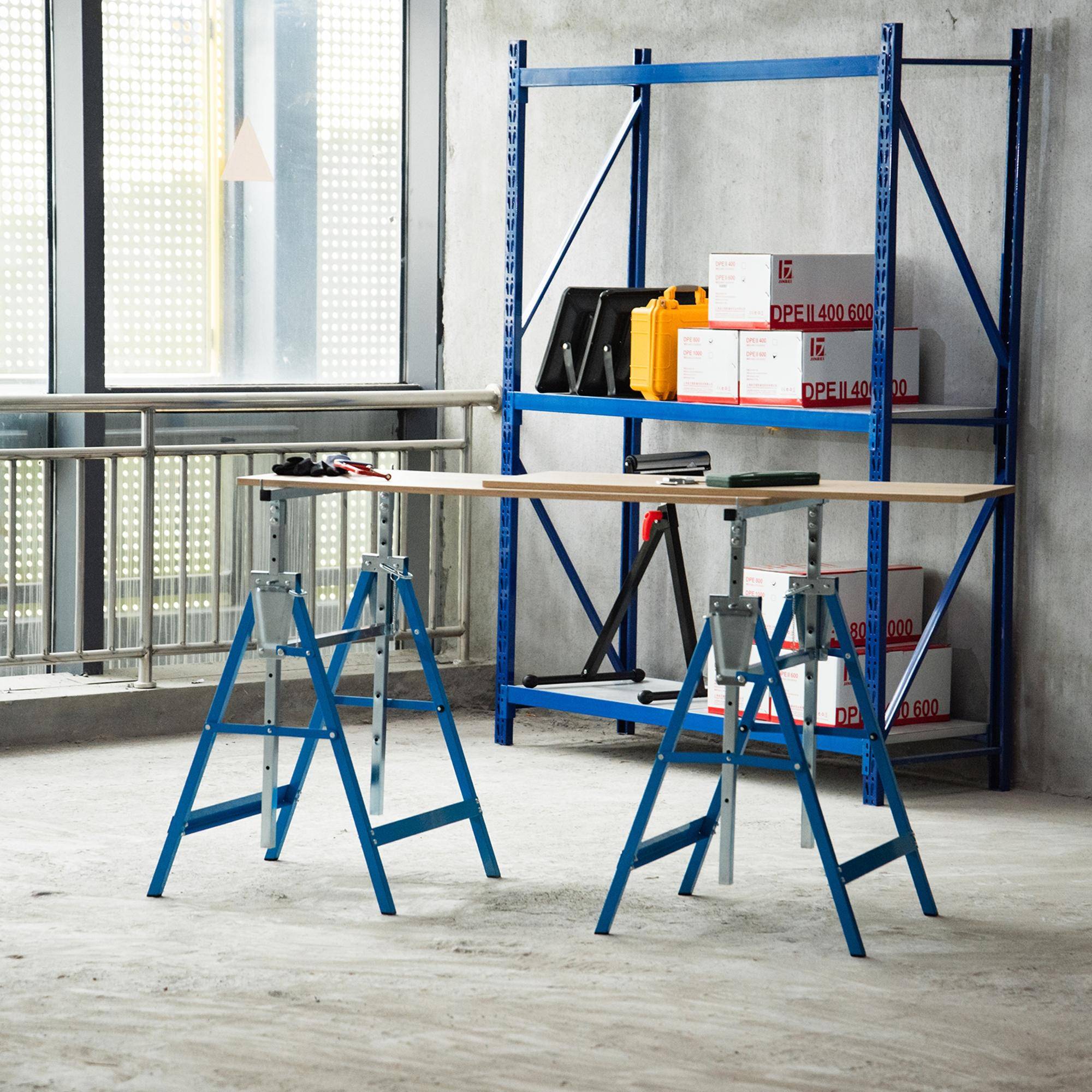 ComfortXL - Lot de 2 tréteaux télescopiques pliants en acier Q195 bleu et argent 80 à 130 cm pour atelier et jardin