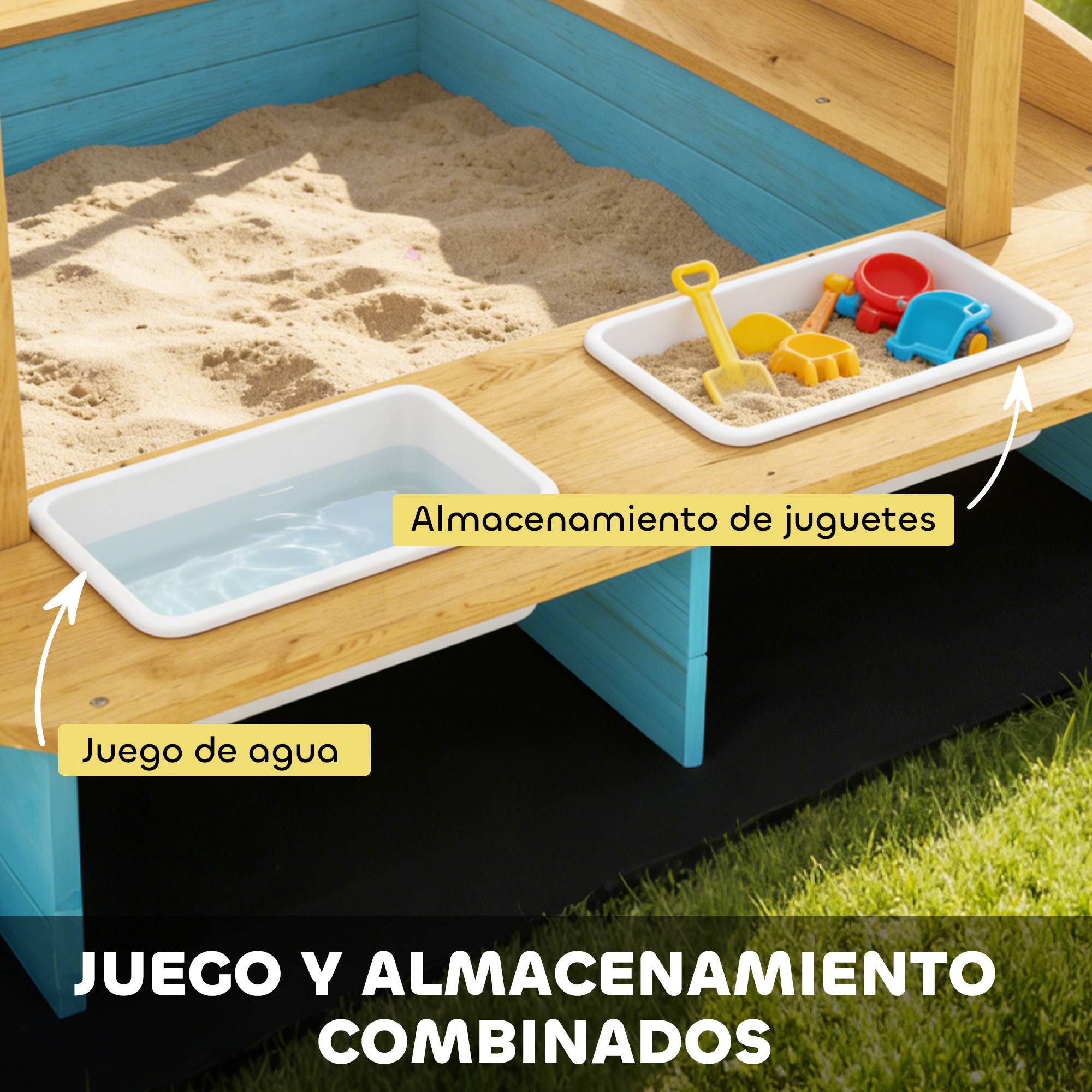 Bac à sable bleu toit 3 bancs 2 caisses rangement doublure fournie 3–6 ans 128 × 118 × 121 cm - Image 8