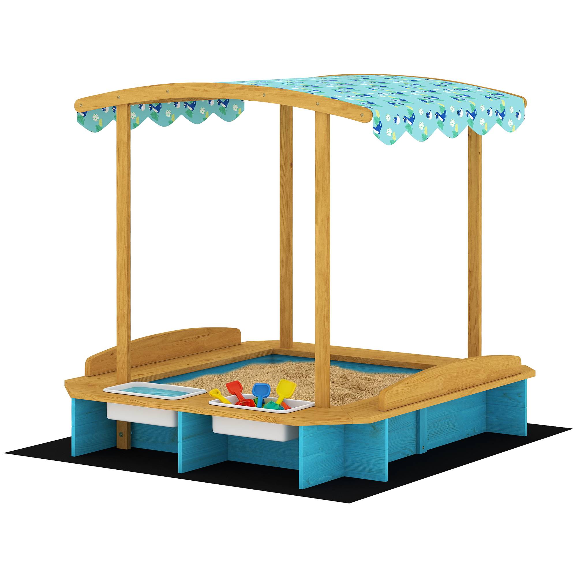 Bac à sable bleu toit 3 bancs 2 caisses rangement doublure fournie 3–6 ans 128 × 118 × 121 cm - Image 2