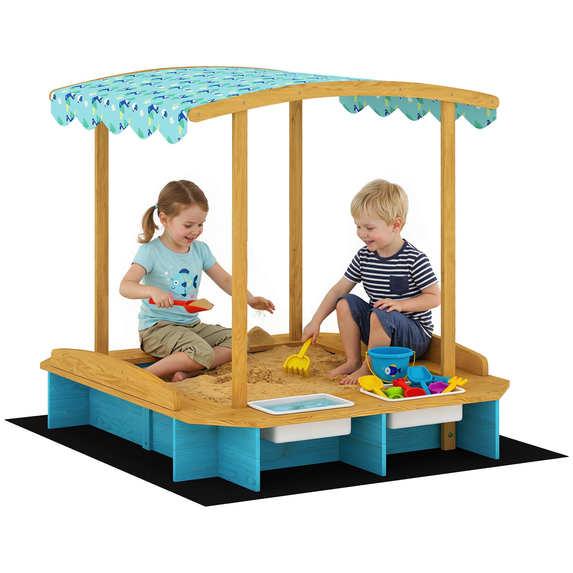 Bac à sable bleu toit 3 bancs 2 caisses rangement doublure fournie 3–6 ans 128 × 118 × 121 cm