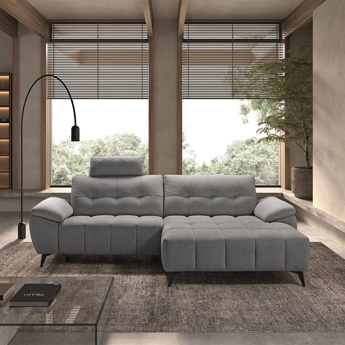 Canapé Relax Méridienne droite Têtières Réglables Tissu Bubble Gris foncé - VILLALBA - Image 2