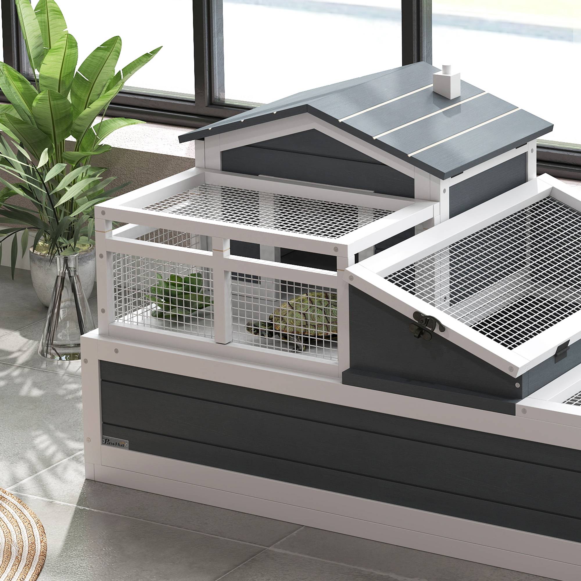 ComfortXL - Enclos tortue bois de sapin et métal gris 2 niveaux pour intérieur extérieur avec toits ouvrants portes verrouillables - Image 9