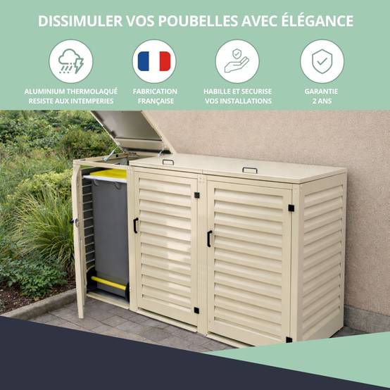 Cache Poubelle Extérieur Triple en Aluminium thermolaqué - Abri pour 3 conteneurs 240 Litres – Crème RAL 1015 - Image 7