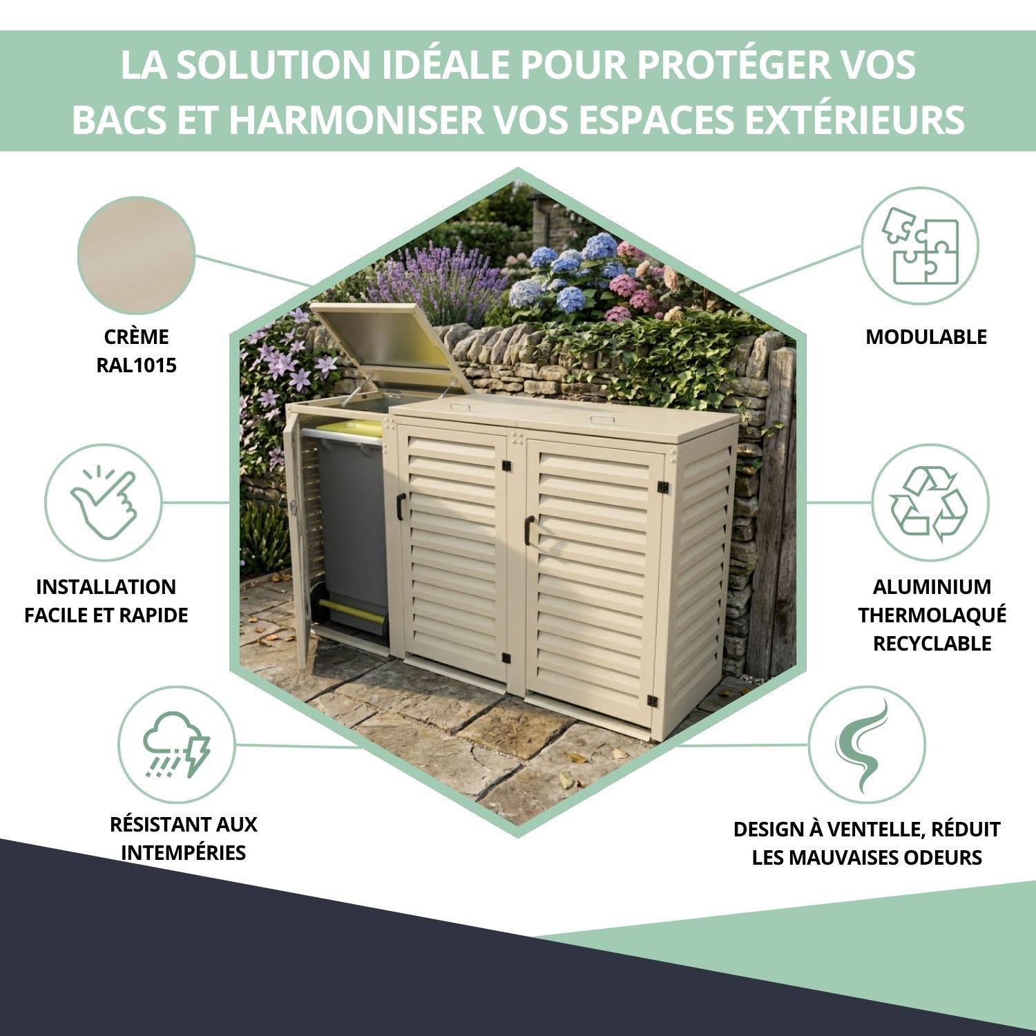 Cache Poubelle Extérieur Triple en Aluminium thermolaqué - Abri pour 3 conteneurs 240 Litres – Crème RAL 1015 - Image 2