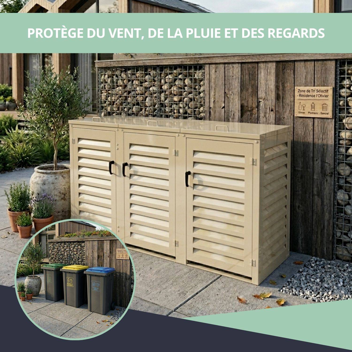 Cache Poubelle Extérieur Triple en Aluminium thermolaqué - Abri pour 3 conteneurs 240 Litres – Crème RAL 1015 - Image 4