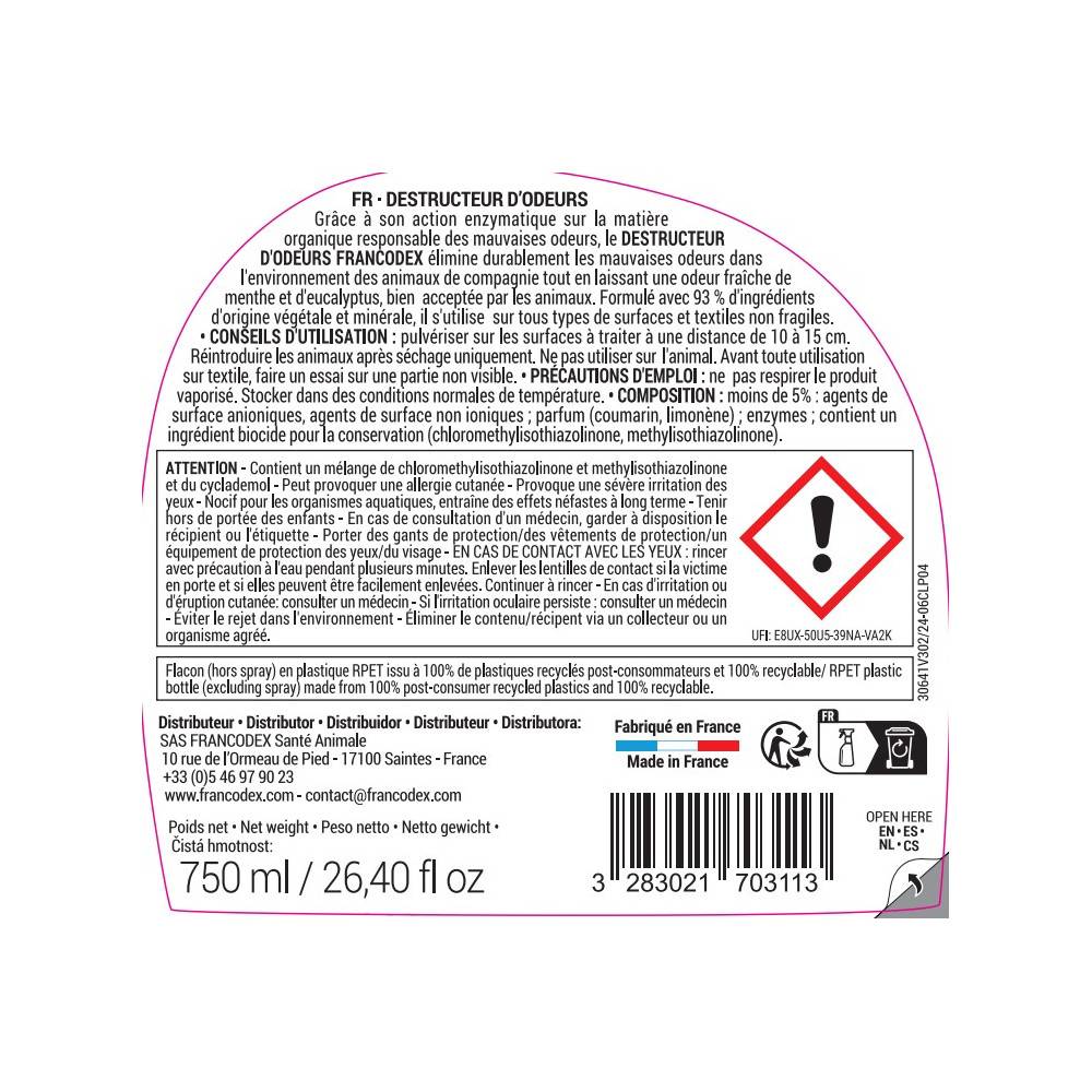 Francodex - Destructeur d'odeur spray 750 ml  fraicheur menthe pour l'habitat - Imagen 3