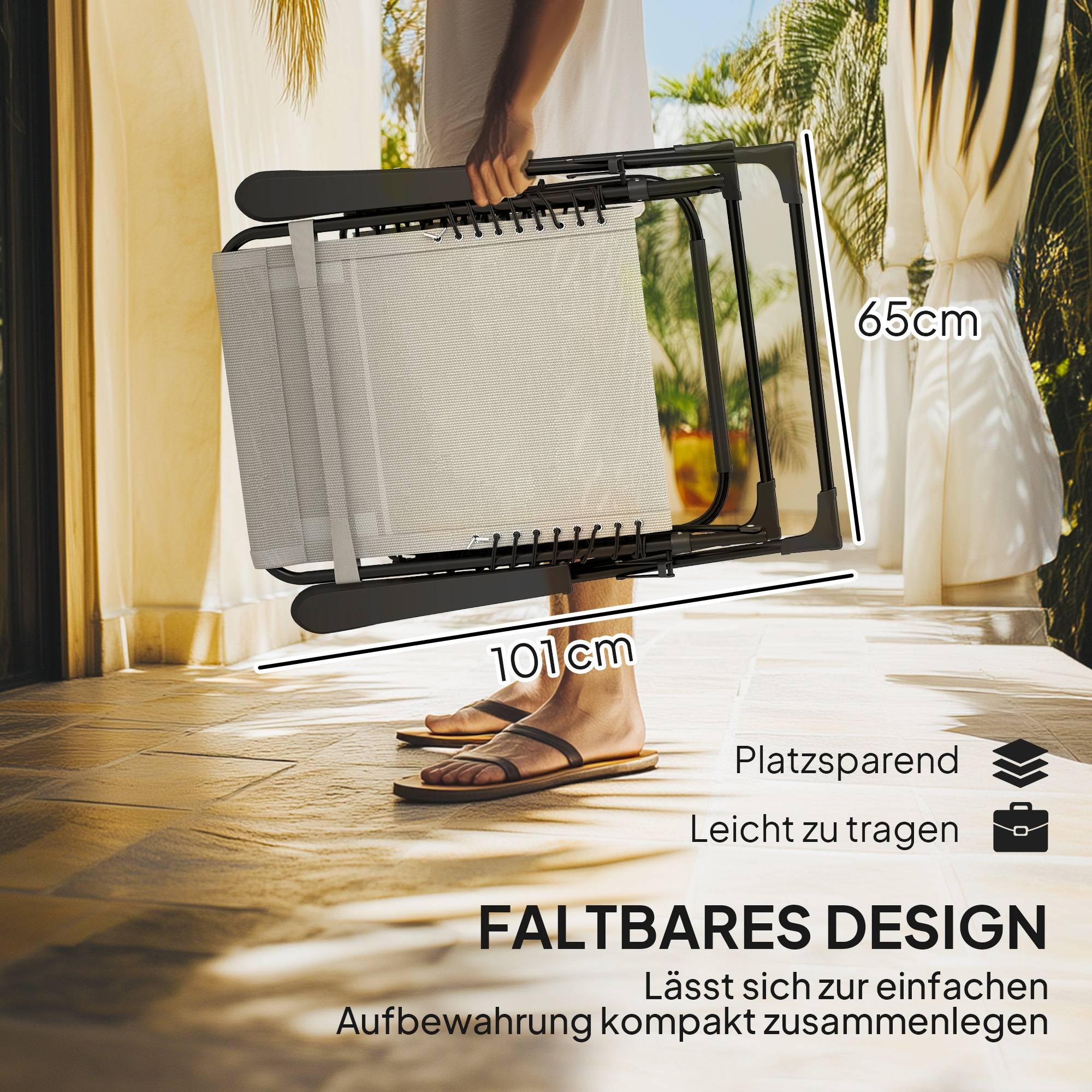 Transat Bain de Soleil Métal Textilène Jardin Extérieur Pliable Inclinable 5 Positions Beige - ComfortXL Outdoor Living - Image 6