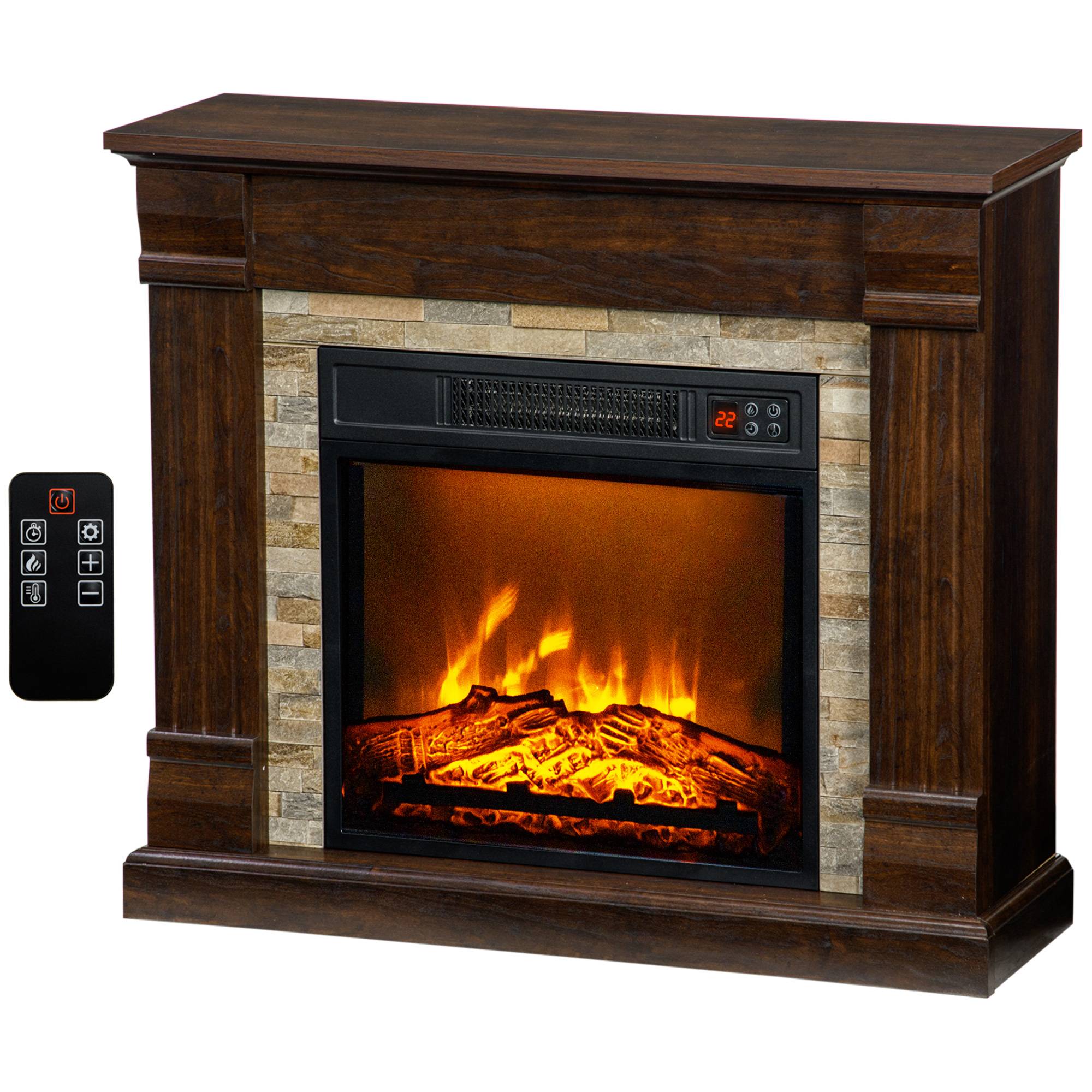 Cheminée électrique décorative 1800W effet flamme 3 luminosités thermostat minuterie télécommande marron - Image 2