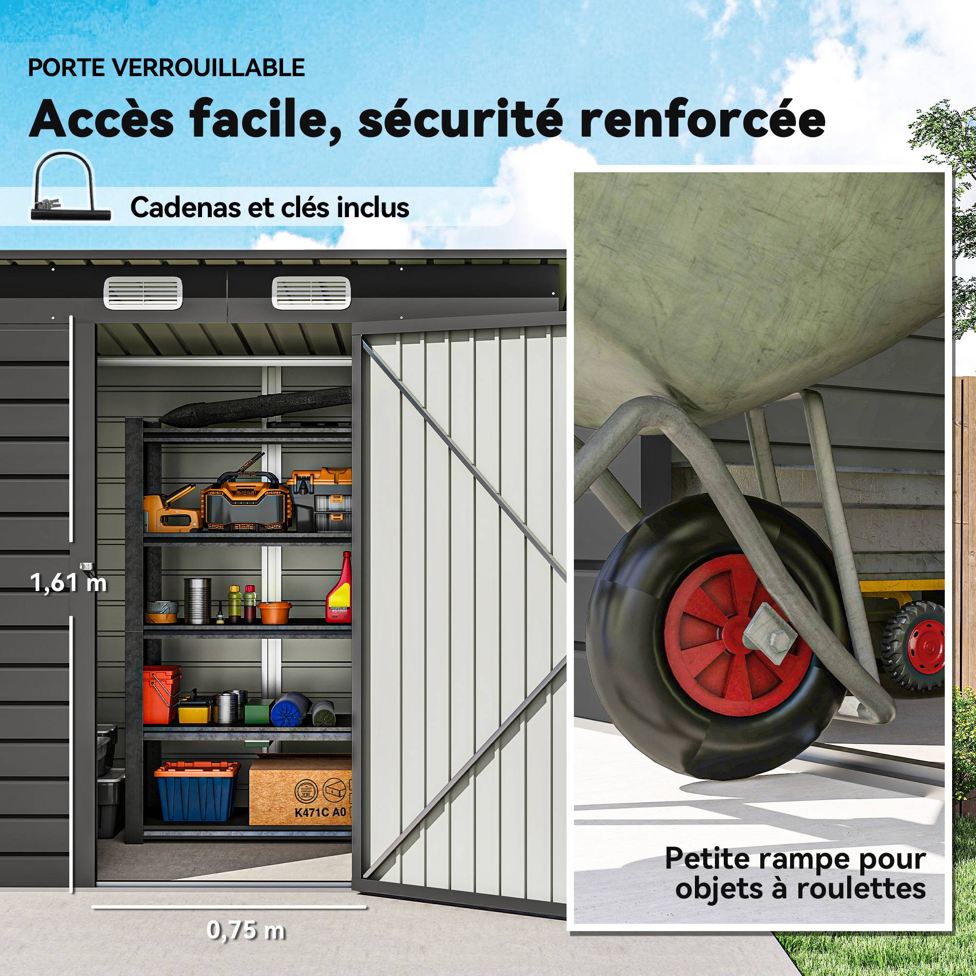 ComfortXL - Abri de jardin acier galvanisé pour outils portes doubles verrouillables 191x130cm gris - ComfortXL Outdoor Living - Image 8