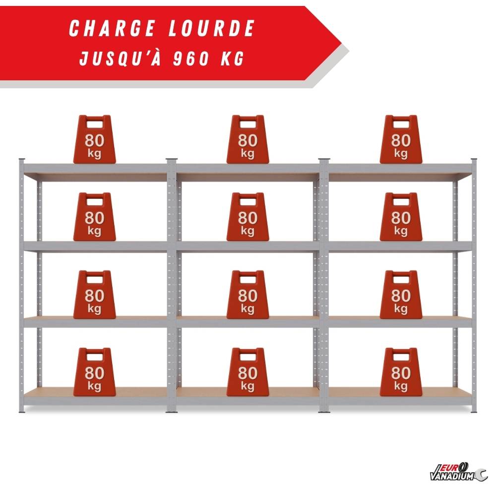 Triple étagère charges lourdes - 2M10 de long -12 plateaux - 210 X 150 - 40 cm - Gris - EURO VANADIUM - Image 5