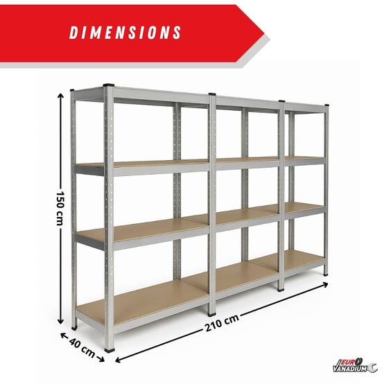 Triple étagère charges lourdes - 2M10 de long -12 plateaux - 210 X 150 - 40 cm - Gris - EURO VANADIUM - Image 3