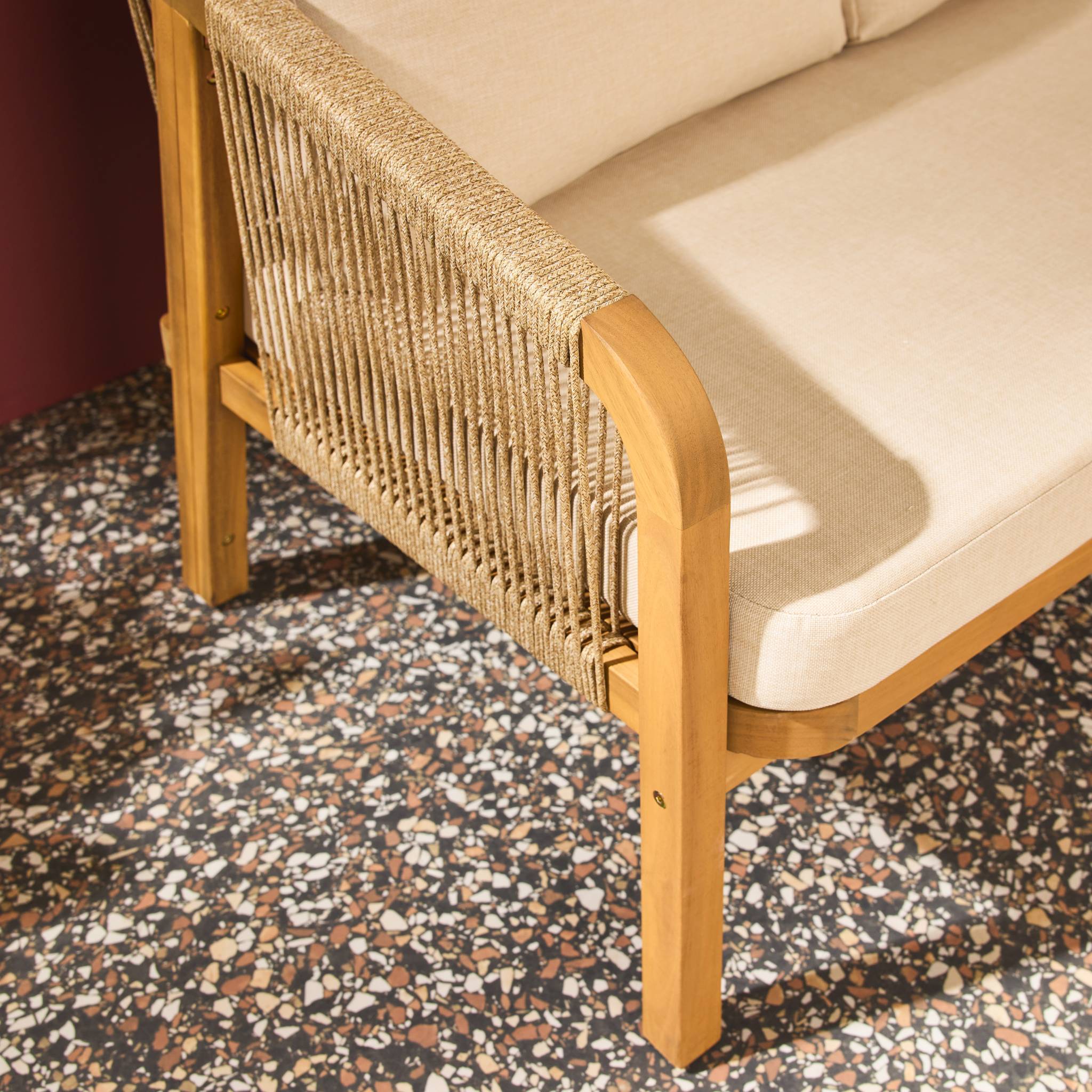 sweeek - Canapé extérieur 3 places bois d'acacia  et cordes avec coussins en tissu beige - Parana | sweeek - Image 7