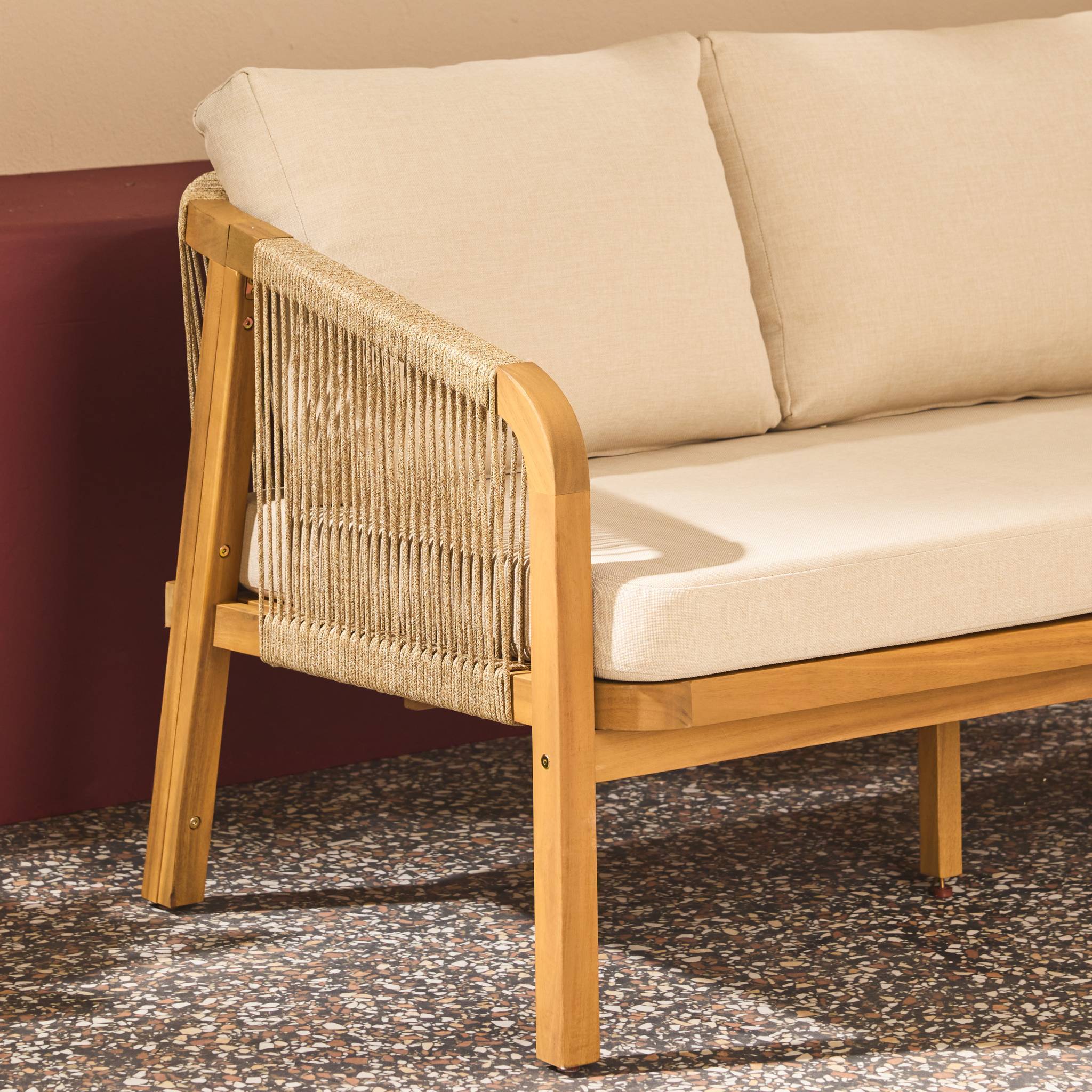 sweeek - Canapé extérieur 3 places bois d'acacia  et cordes avec coussins en tissu beige - Parana | sweeek - Image 6