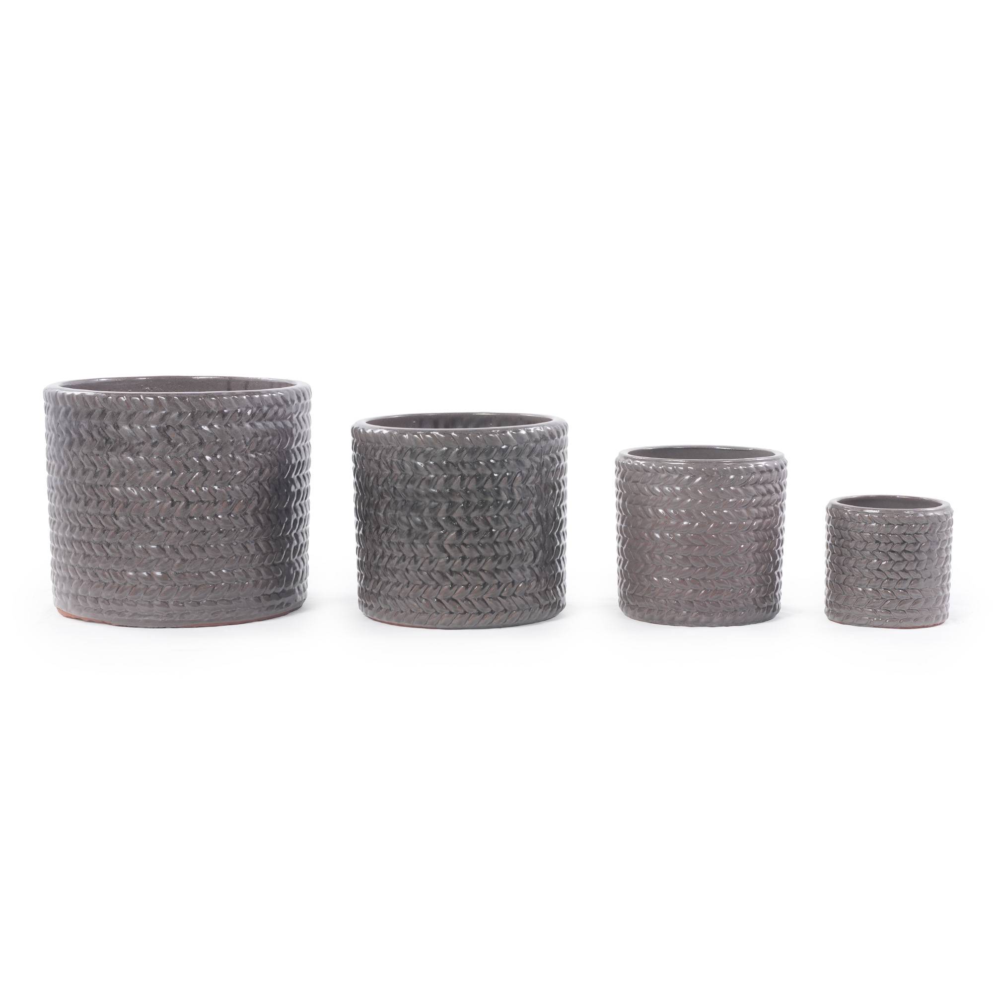 ComfortXL - Pot de fleurs en grès Ø 31 cm gris brillant relief chevrons balcon avec drainage - ComfortXL Outdoor Living - Image 8