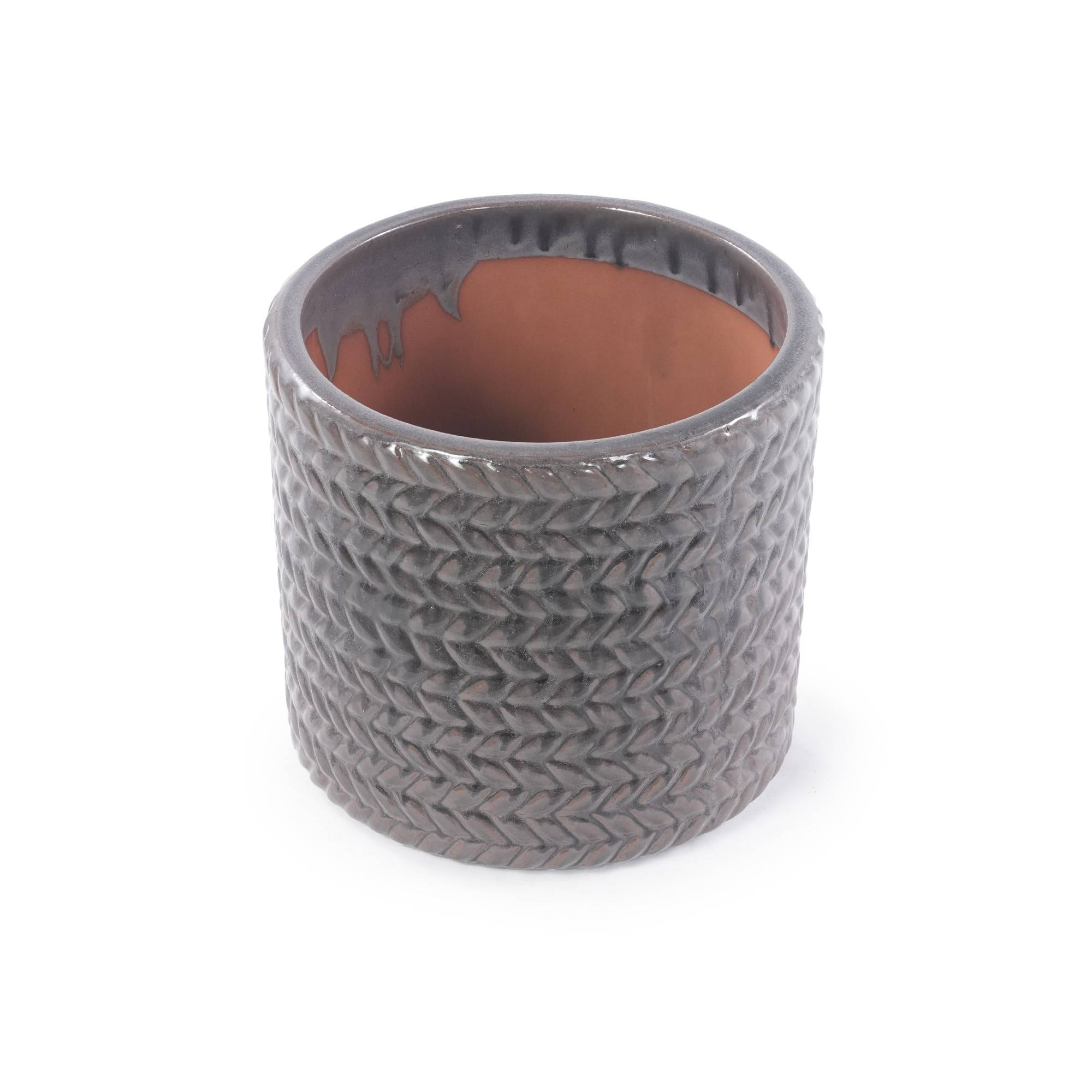 ComfortXL - Pot de fleurs en grès Ø 31 cm gris brillant relief chevrons balcon avec drainage - ComfortXL Outdoor Living - Image 2