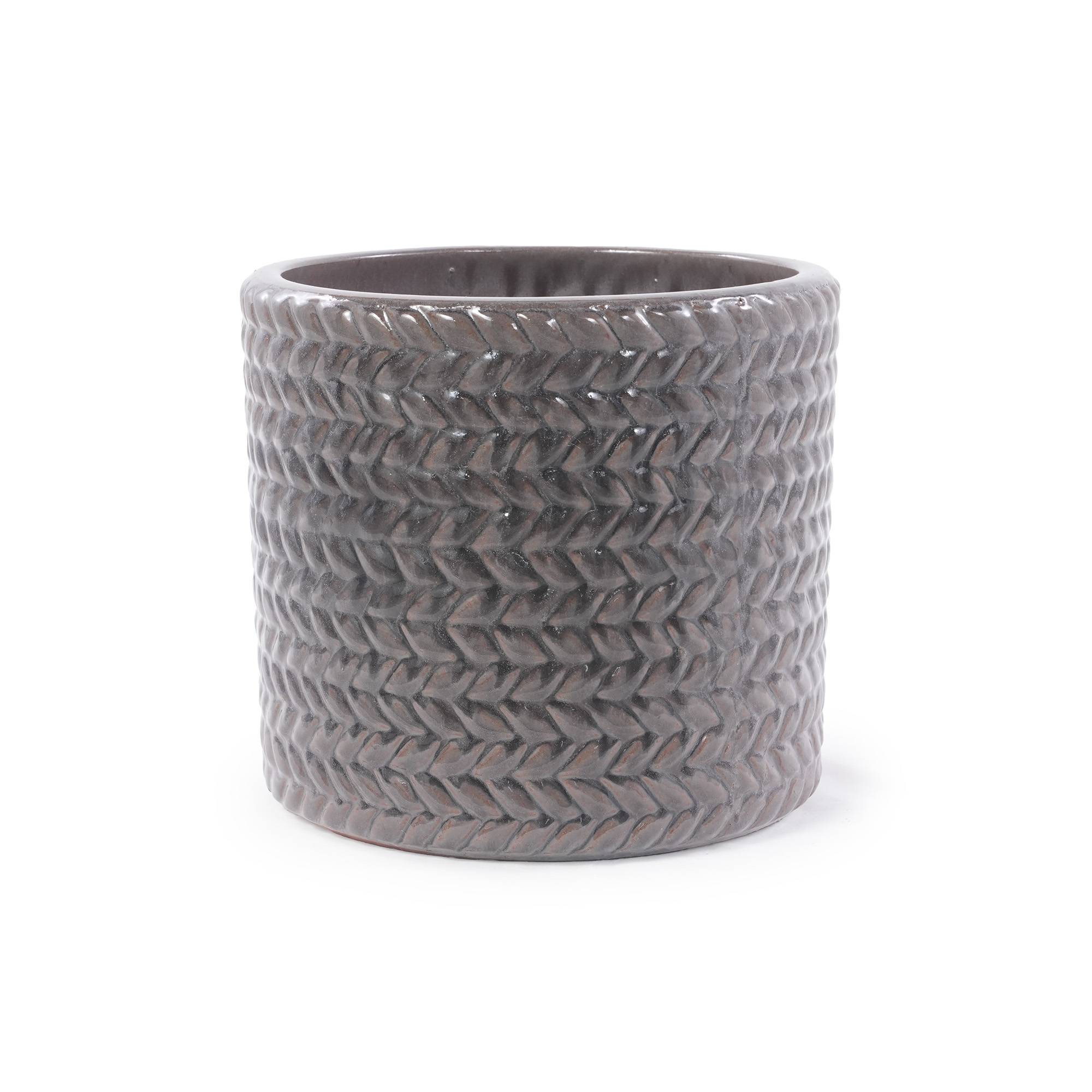 ComfortXL - Pot de fleurs en grès Ø 31 cm gris brillant relief chevrons balcon avec drainage - ComfortXL Outdoor Living - Image 1