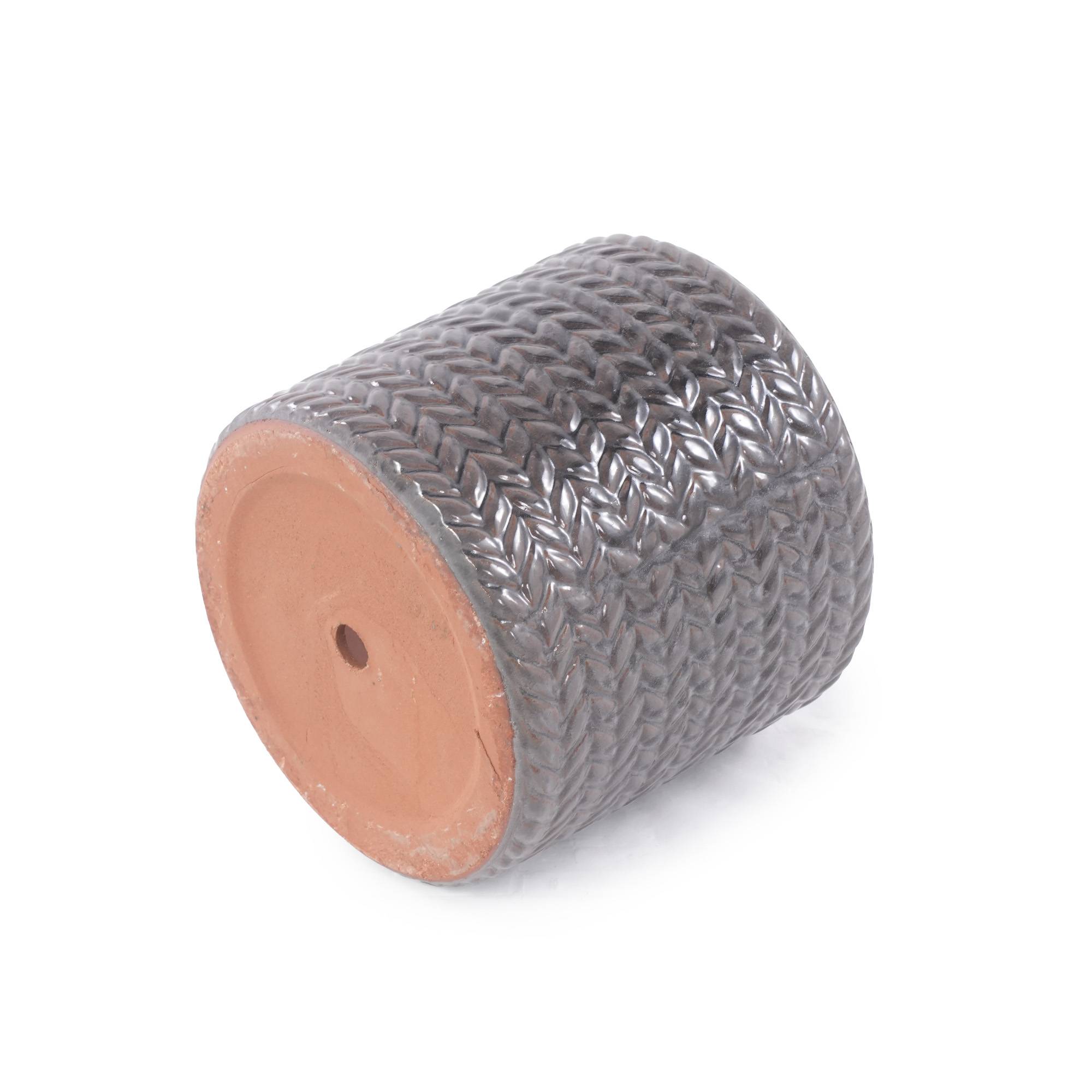 ComfortXL - Pot de fleurs en grès Ø 31 cm gris brillant relief chevrons balcon avec drainage - ComfortXL Outdoor Living - Image 3