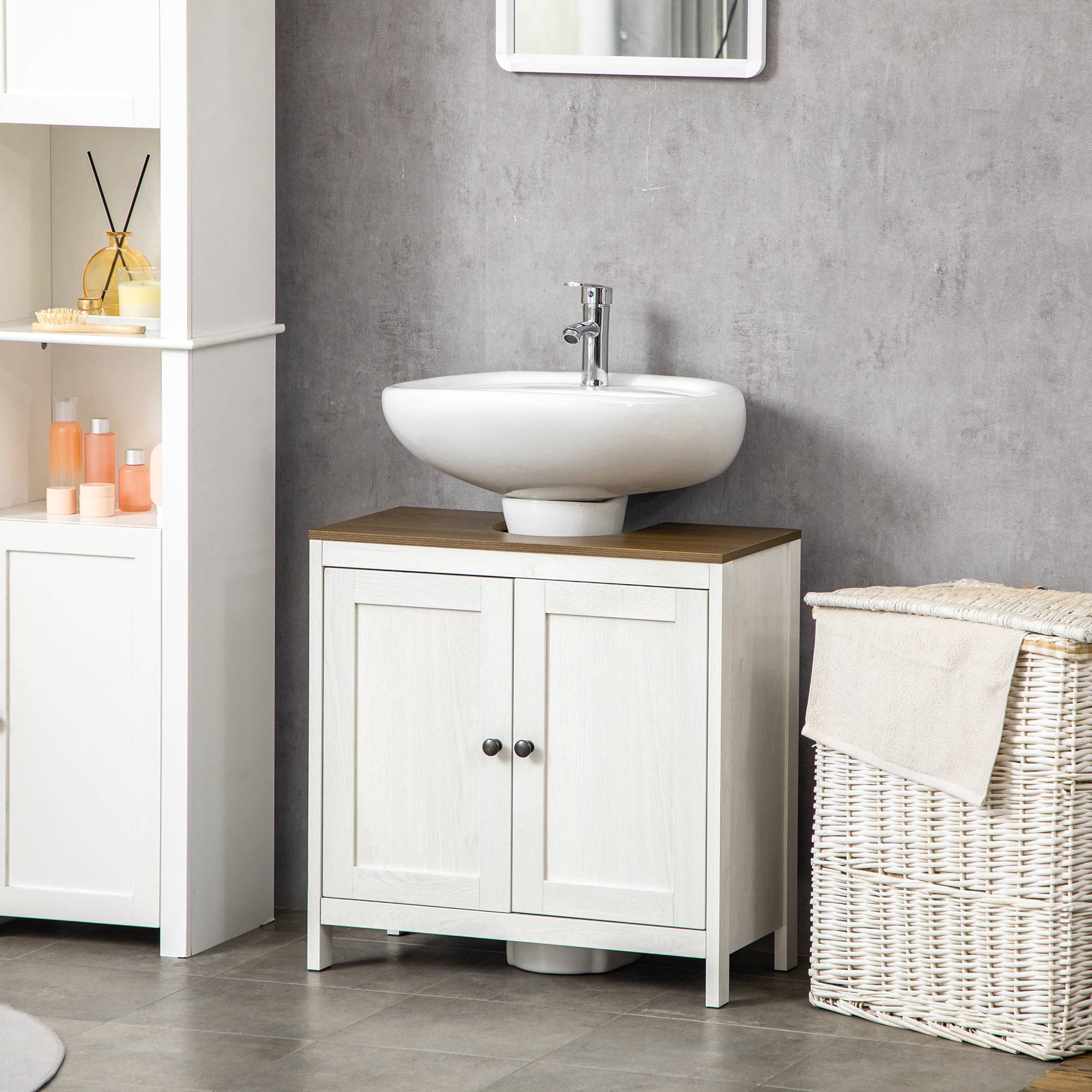 Sans Marque - Meuble vasque salle bain bois étagère intérieure réglable 60x30x60 cm blanc noyer - Image 4