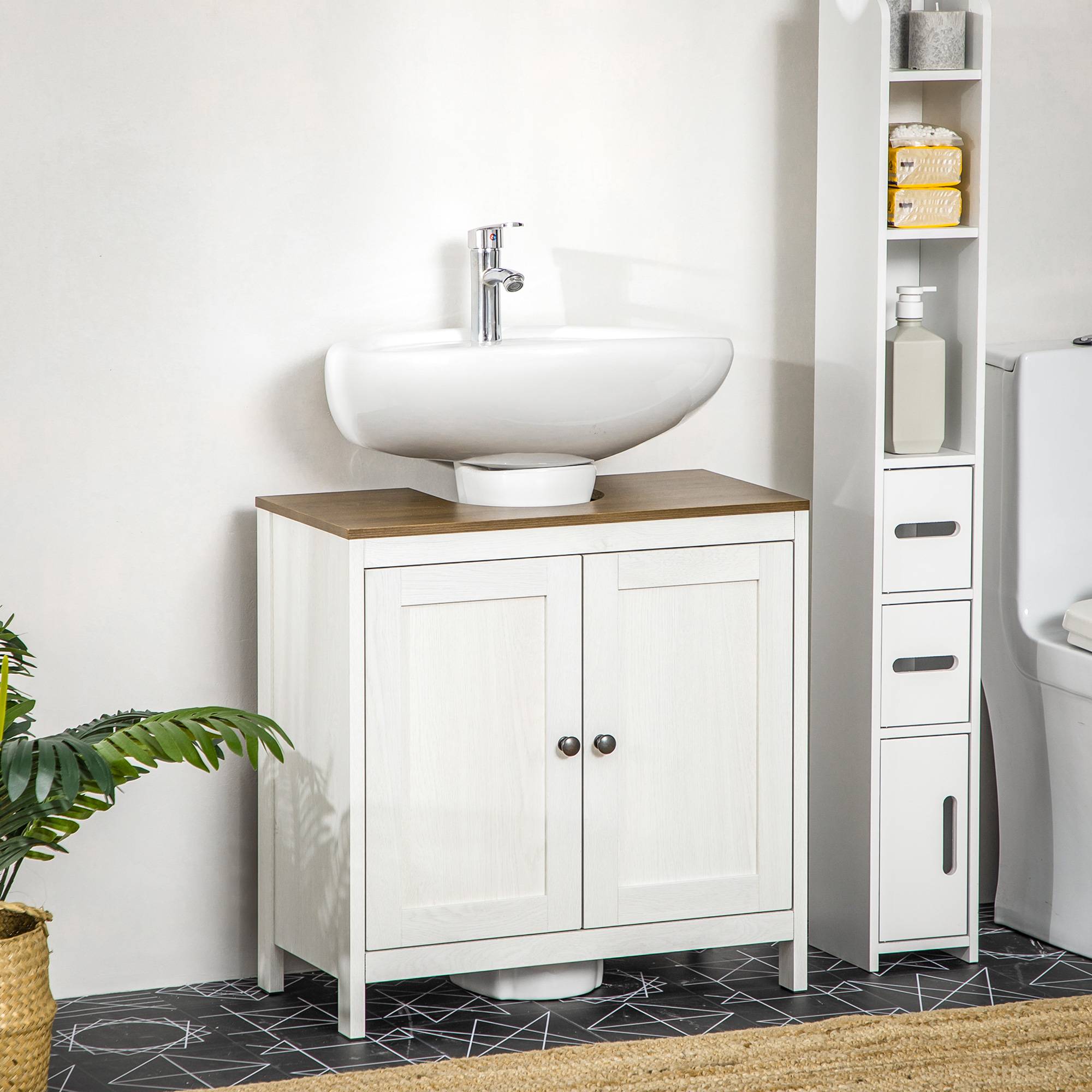 Sans Marque - Meuble vasque salle bain bois étagère intérieure réglable 60x30x60 cm blanc noyer - Image 3