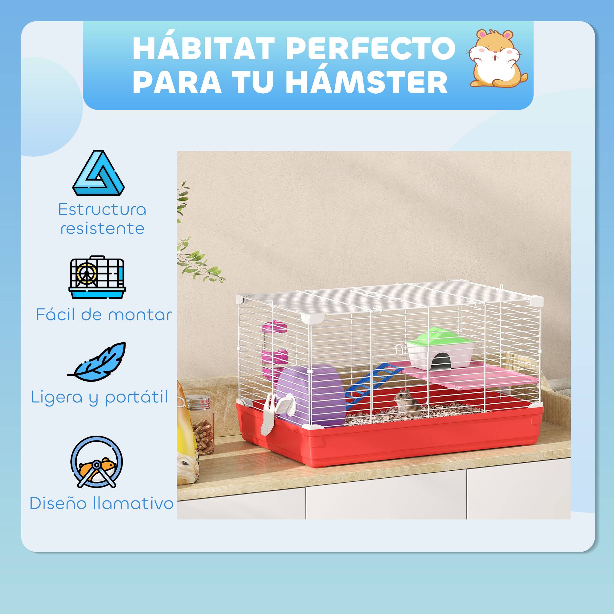 Cage pour hamster avec plateforme, maisonnette, mangeoire, biberon et roue d'exercice, 47 x 30 x 27 cm, blanche et rouge - Image 9