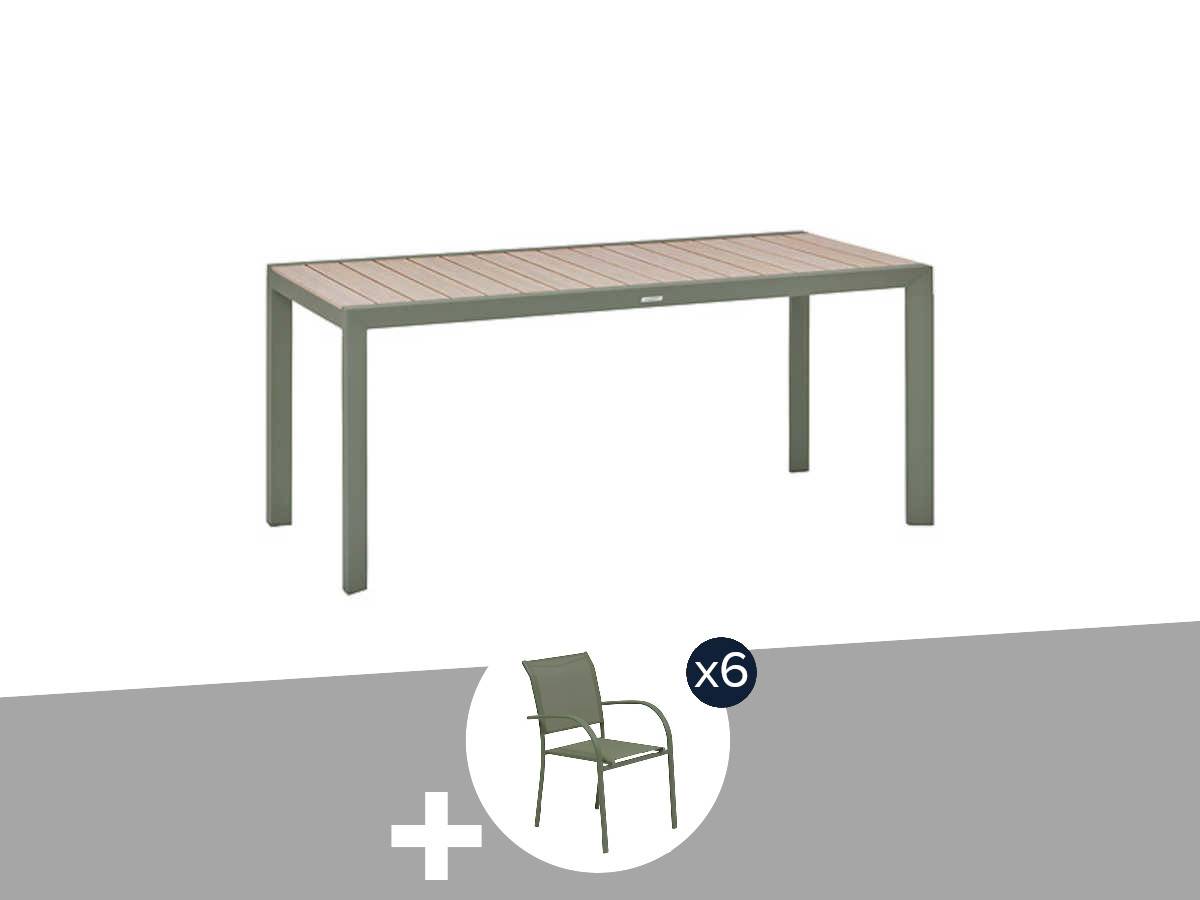 Hesperide - Table de jardin rectangulaire alu Evasion 6 places effet bois Lin et laurier + 6 fauteuils Piazza - Hespéride