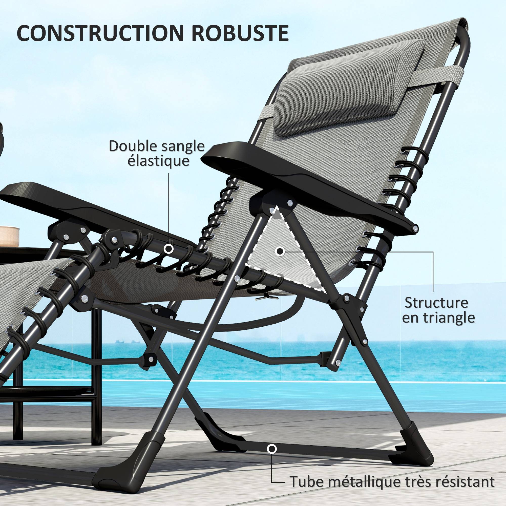 Lot de 2 bain de soleil, chaise longue pliante inclinable avec appuie-tête en textilène, 90 x 65 x 112 cm, gris - Image 9