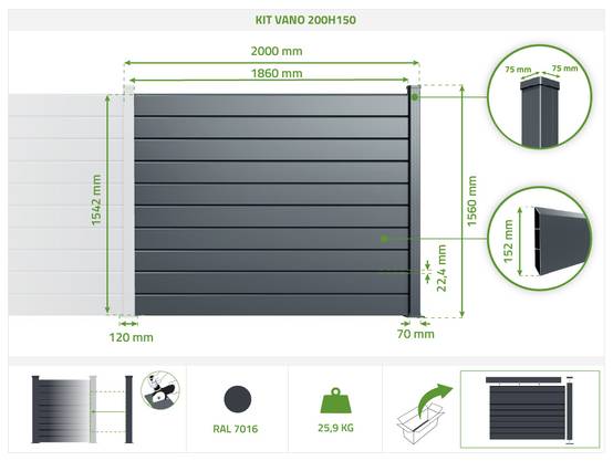 Casanoov Clôture Aluminium Persienne 10m VANO H.150 cm gris - Image 3