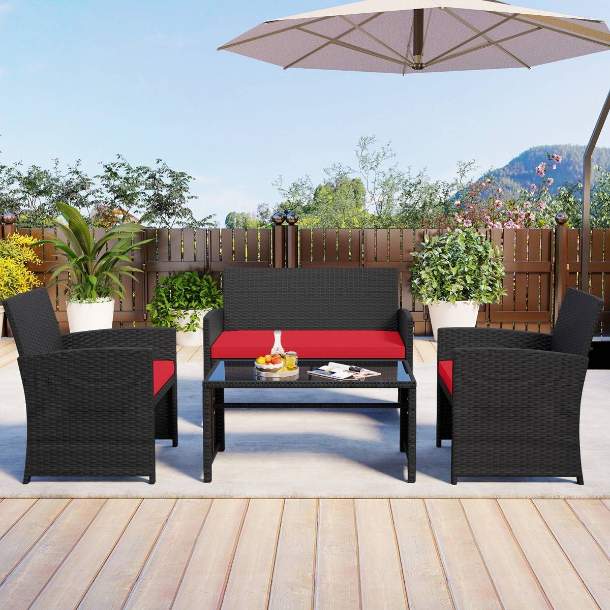 Ensemble de Salon de Jardin en Rotin PE 4 Pièces Canapé 4 Places en Osier avec Fauteuils et Table Basse en Verre Trempé Rouge MAISON CHIC - Image 5
