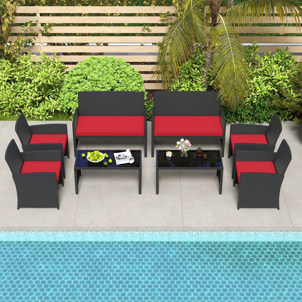 Ensemble de Salon de Jardin en Rotin PE 4 Pièces Canapé 4 Places en Osier avec Fauteuils et Table Basse en Verre Trempé Rouge MAISON CHIC - Image 6