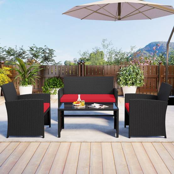 Ensemble de Salon de Jardin en Rotin PE 4 Pièces Canapé 4 Places en Osier avec Fauteuils et Table Basse en Verre Trempé Rouge MAISON CHIC - Image 2
