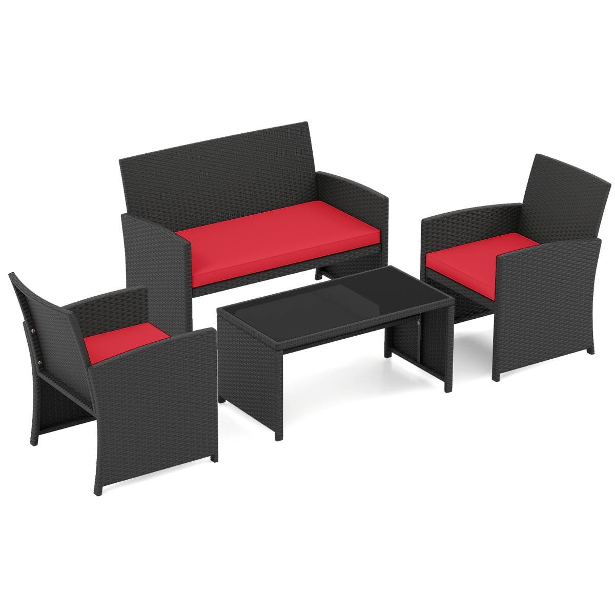 Ensemble de Salon de Jardin en Rotin PE 4 Pièces Canapé 4 Places en Osier avec Fauteuils et Table Basse en Verre Trempé Rouge MAISON CHIC - Image 1