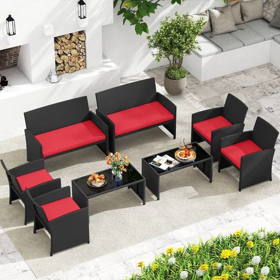 Ensemble de Salon de Jardin en Rotin PE 4 Pièces Canapé 4 Places en Osier avec Fauteuils et Table Basse en Verre Trempé Rouge MAISON CHIC - Image 7
