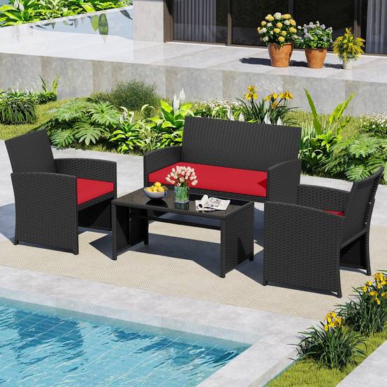 Ensemble de Salon de Jardin en Rotin PE 4 Pièces Canapé 4 Places en Osier avec Fauteuils et Table Basse en Verre Trempé Rouge MAISON CHIC - Image 4