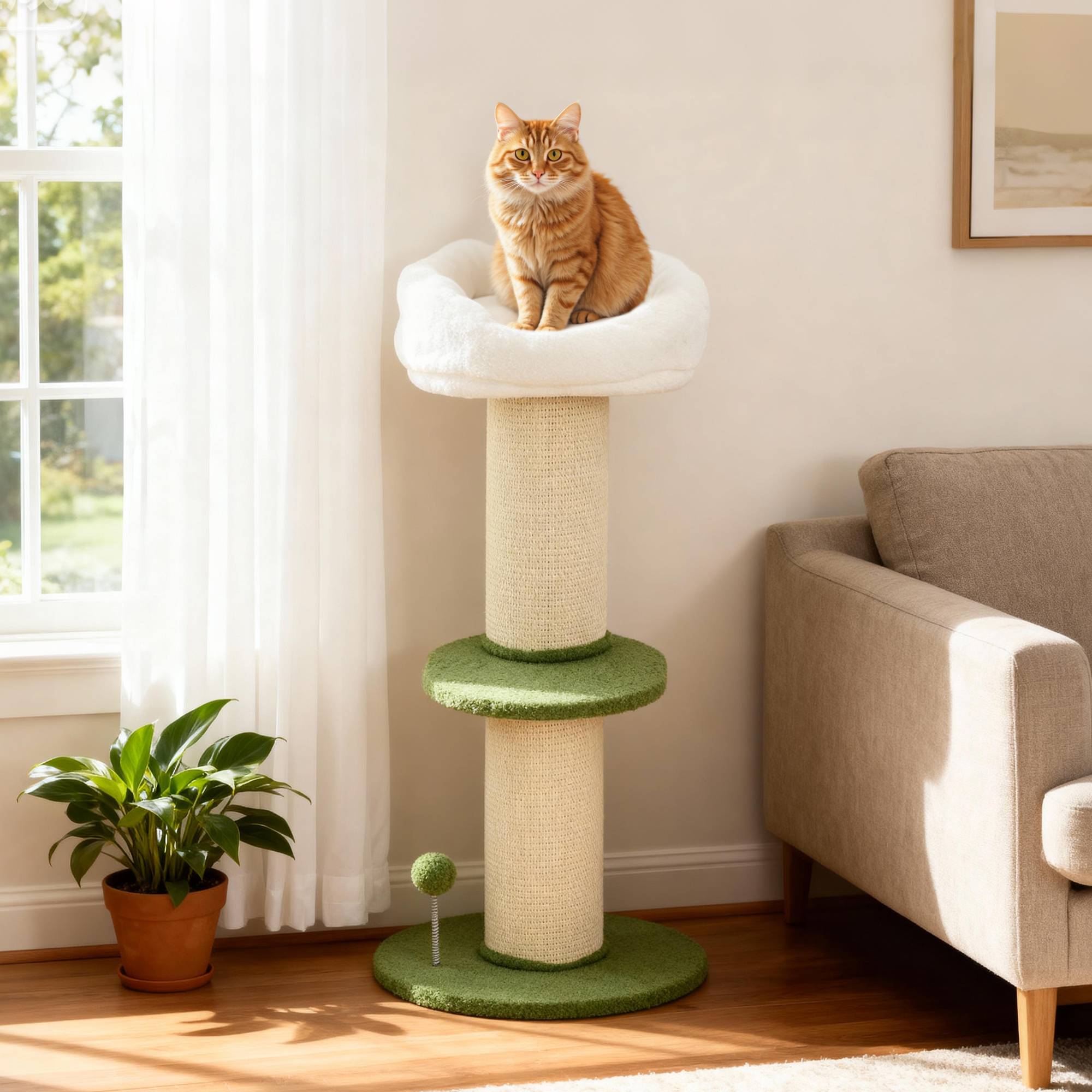 Sans Marque - Arbre à chat à fleurs à 3 niveaux, tonneau à gratter pour chats plateforme et balle poteau en sisal, Ø 45 x 92 cm, vert