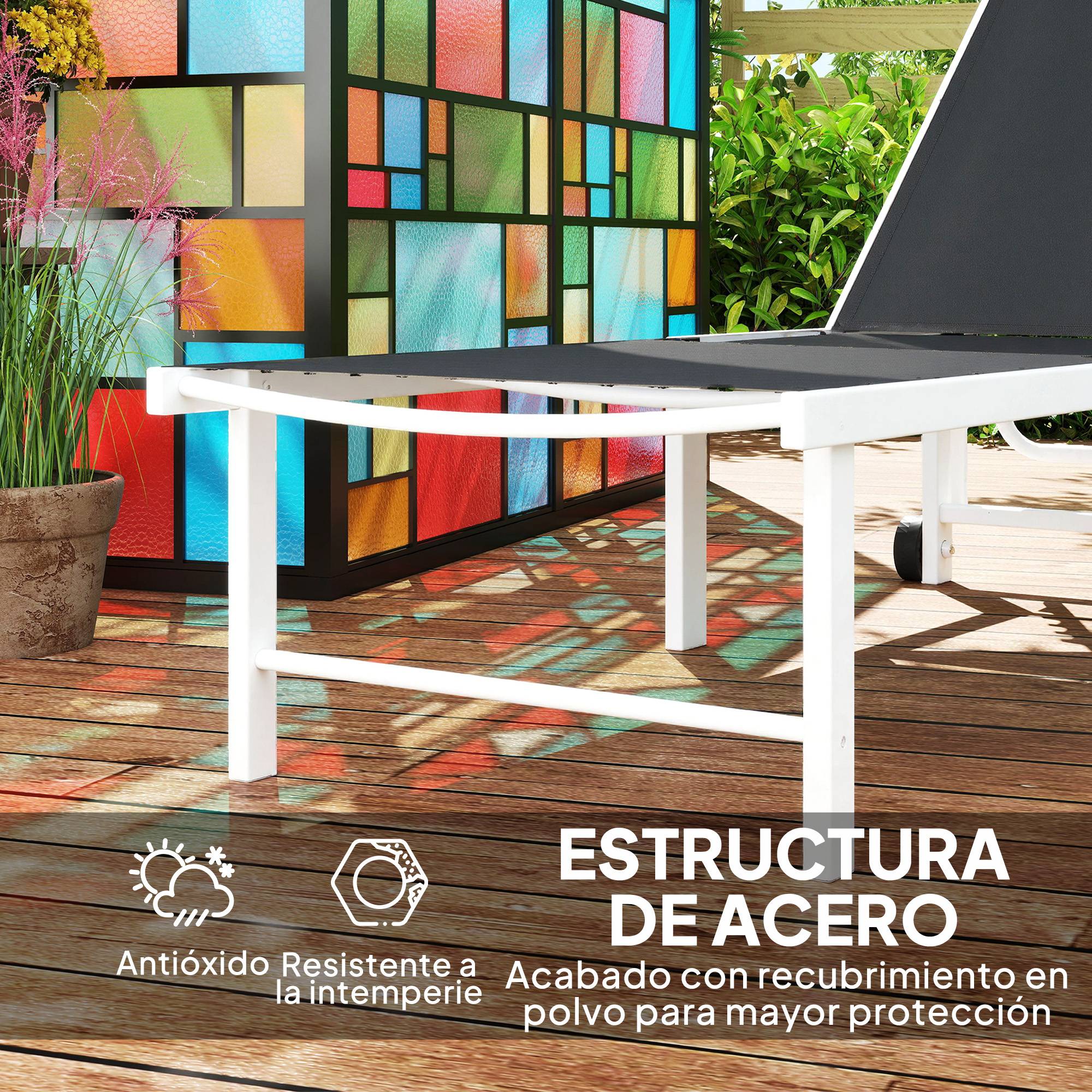 Transat de jardin inclinable à roulettes, dossier réglable 5 positions et structure en acier, 166 x 60 x 84 cm, gris - Image 8