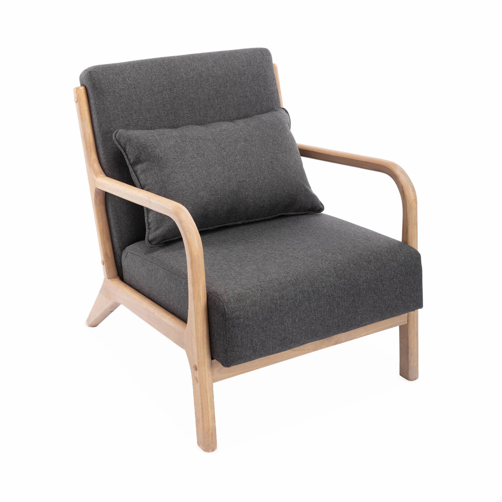 sweeek - Fauteuil design en bois et tissu. 1 place droit fixe. pieds compas scandinave. structure en bois solide. assise confortable. gris foncé | sweeek - Image 2