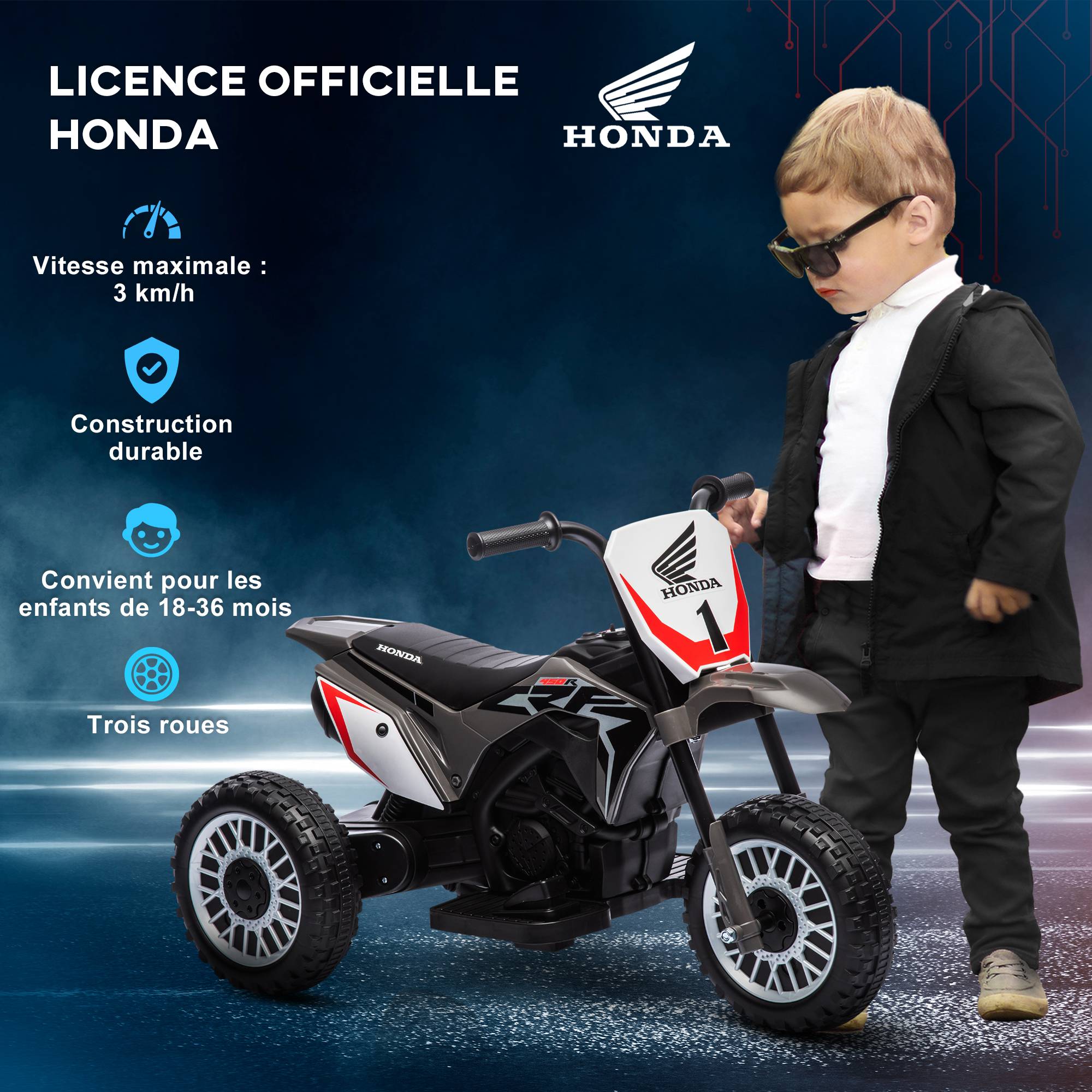 Moto cross éléctrique pour enfant licence Honda CRF450RL 3 roues batterie 6V enfants 18-36 mois gris - Image 6